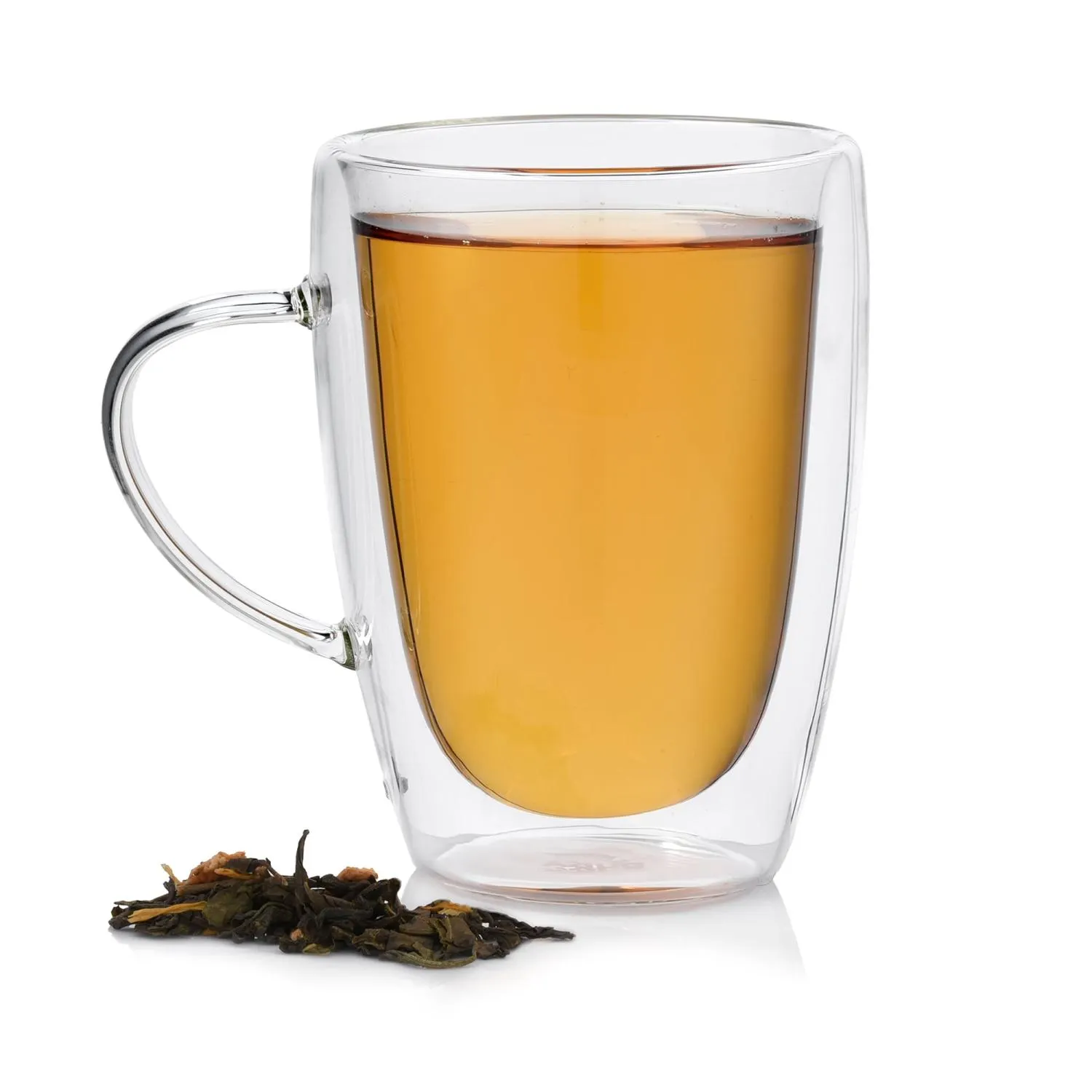image glass mug, tea inside, tea accessory, clear double-walled, loose leaf tea