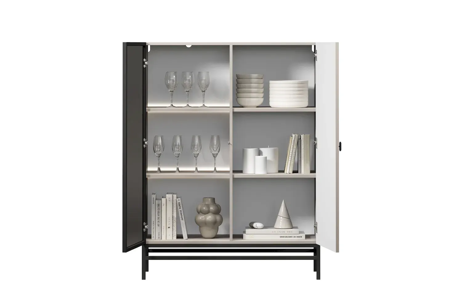 Witryna 2-drzwiowa LORINI 100 oświetlenie LED szkło Antosol - cashmere uchwyt T-bar czarny stelaż czarny - B_166738