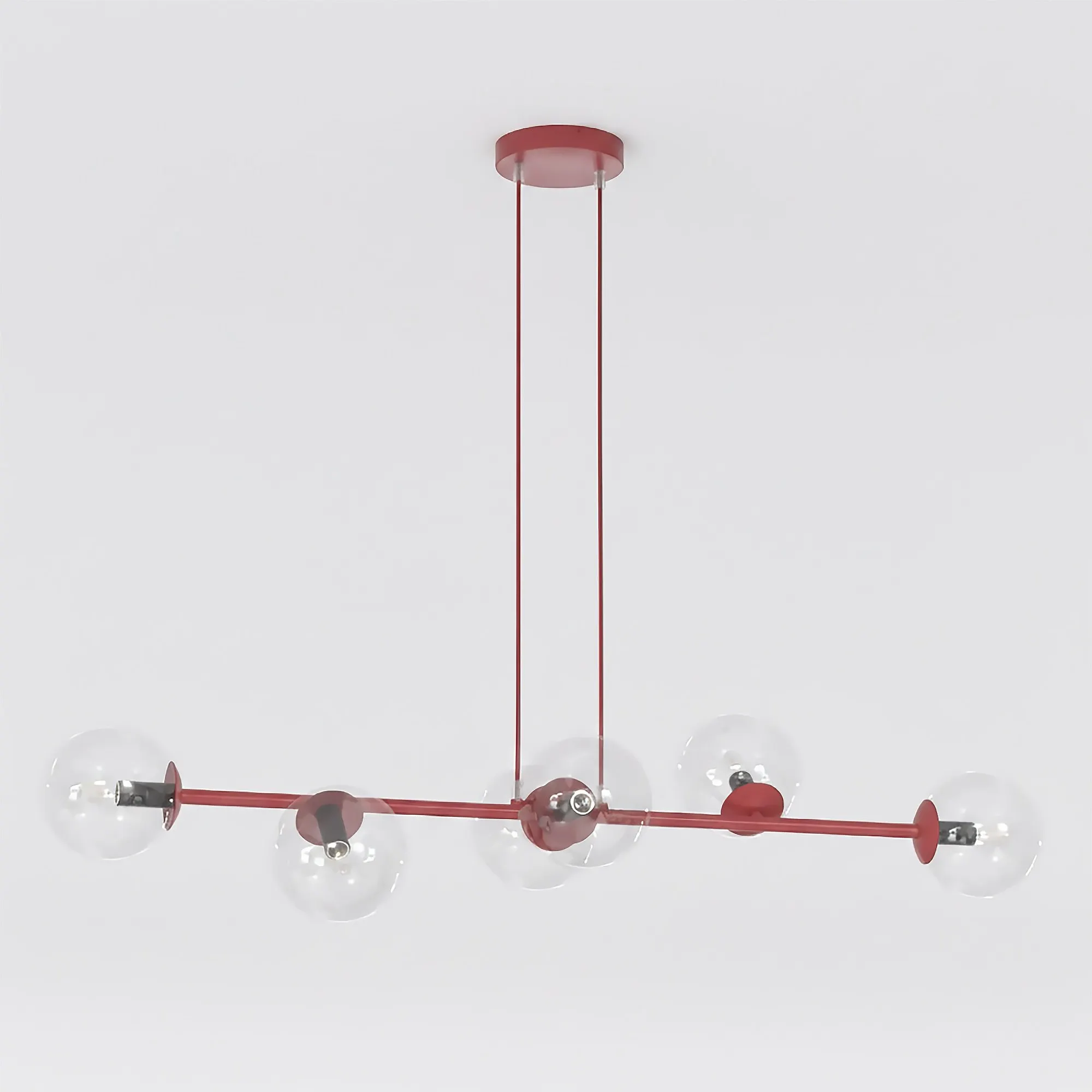 lampa wisząca, kathodowa, szklane żarówki, metalowa rama, czerwona barwa