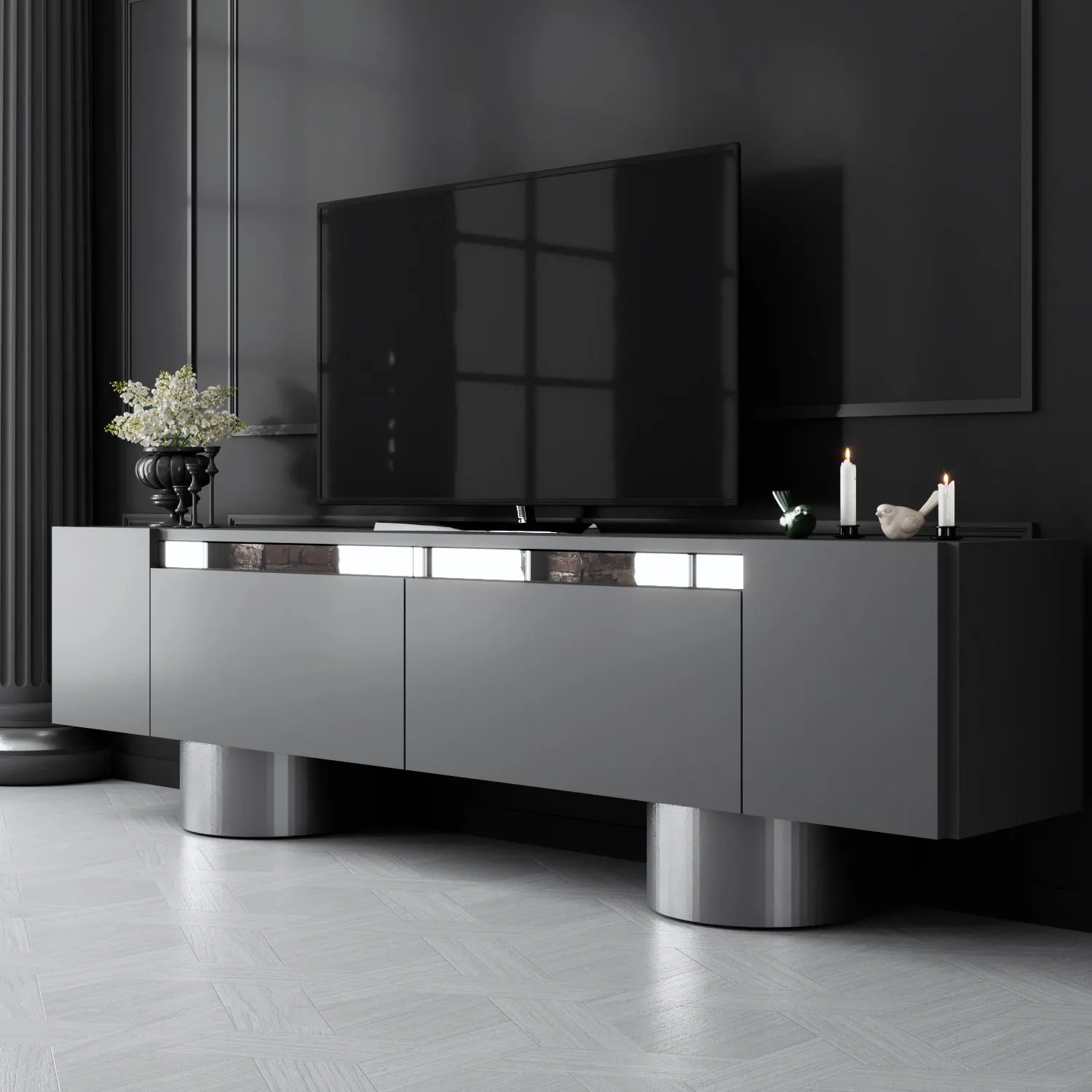 Szafka RTV z 2 klapami na blaszanych nogach BOHEM 180x50x30 cm antracyt srebrny - ASI_618BLY1263