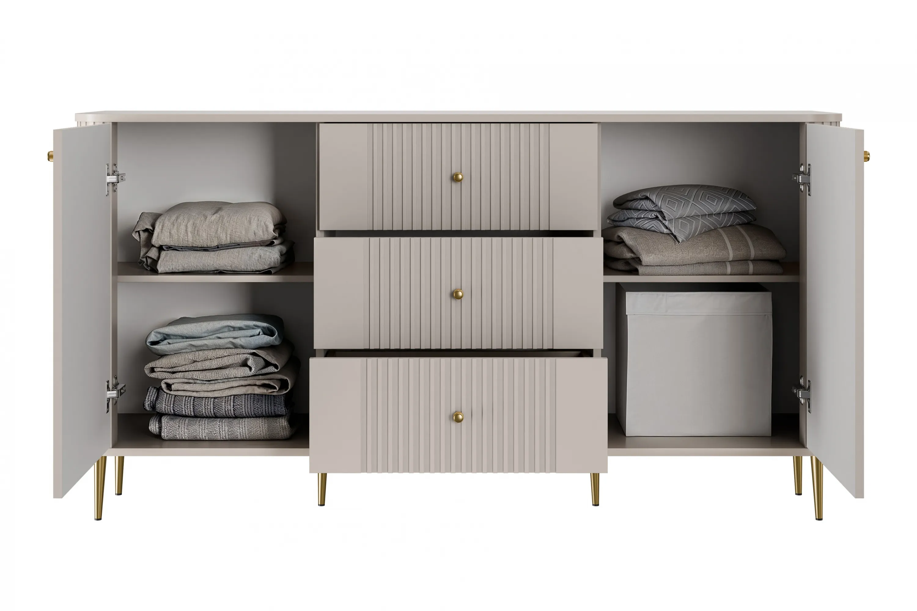 Komoda 2-drzwiowa z 3 szufladami VESPER 160 ryflowany front cashmere złote nogi - B_163596