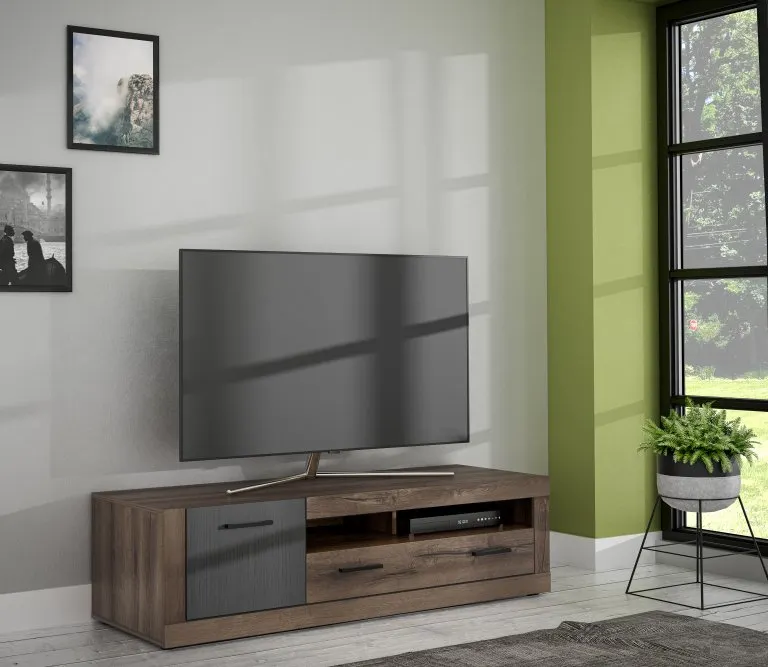 Szafka RTV TRASS 143 cm dąb czarny dąb szlachetny - TRAT121-N09