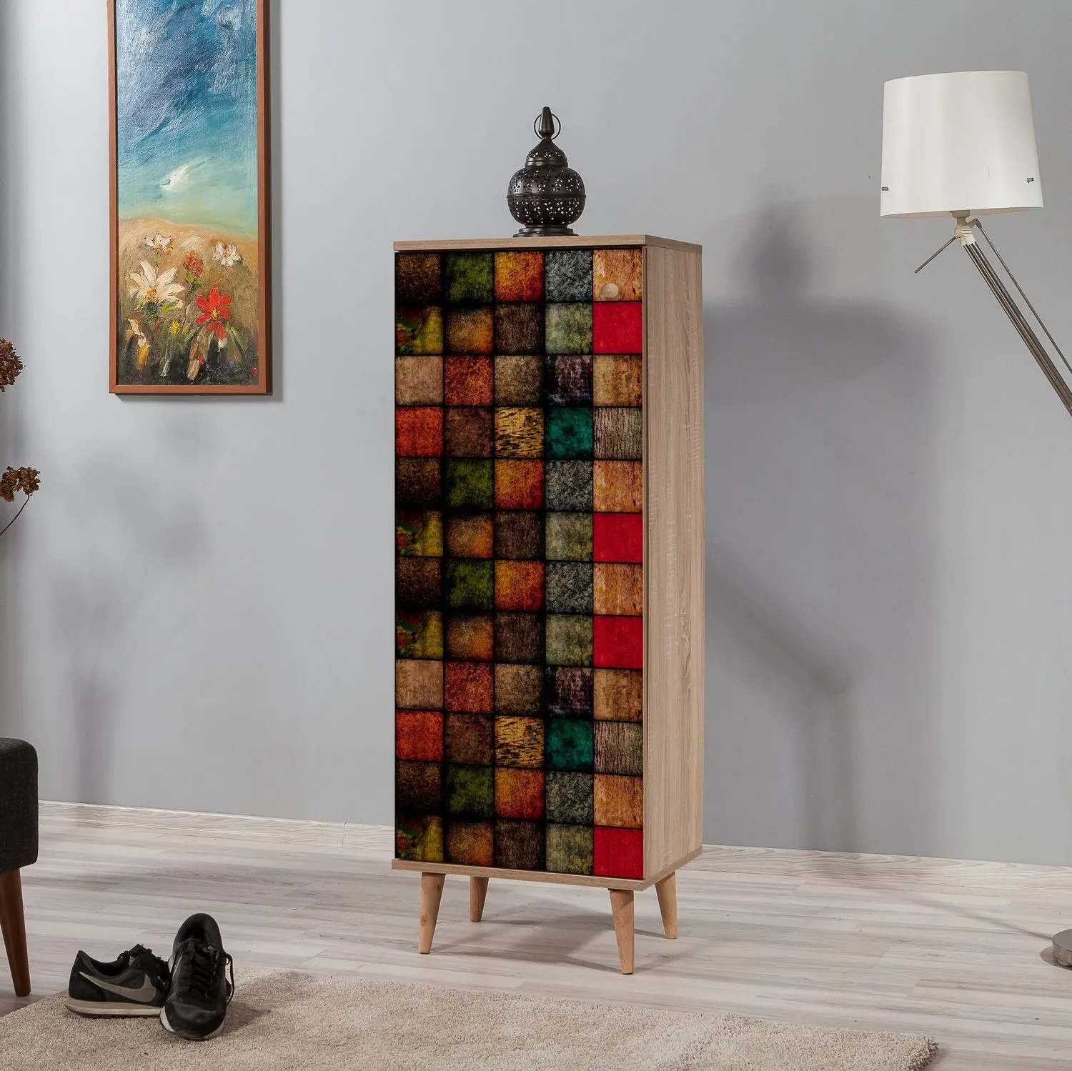 Szafka na buty wysoka FILINTA 1-drzwiowa 50x135 sosna sonoma wielokolorowy - ASI_863SPH3413