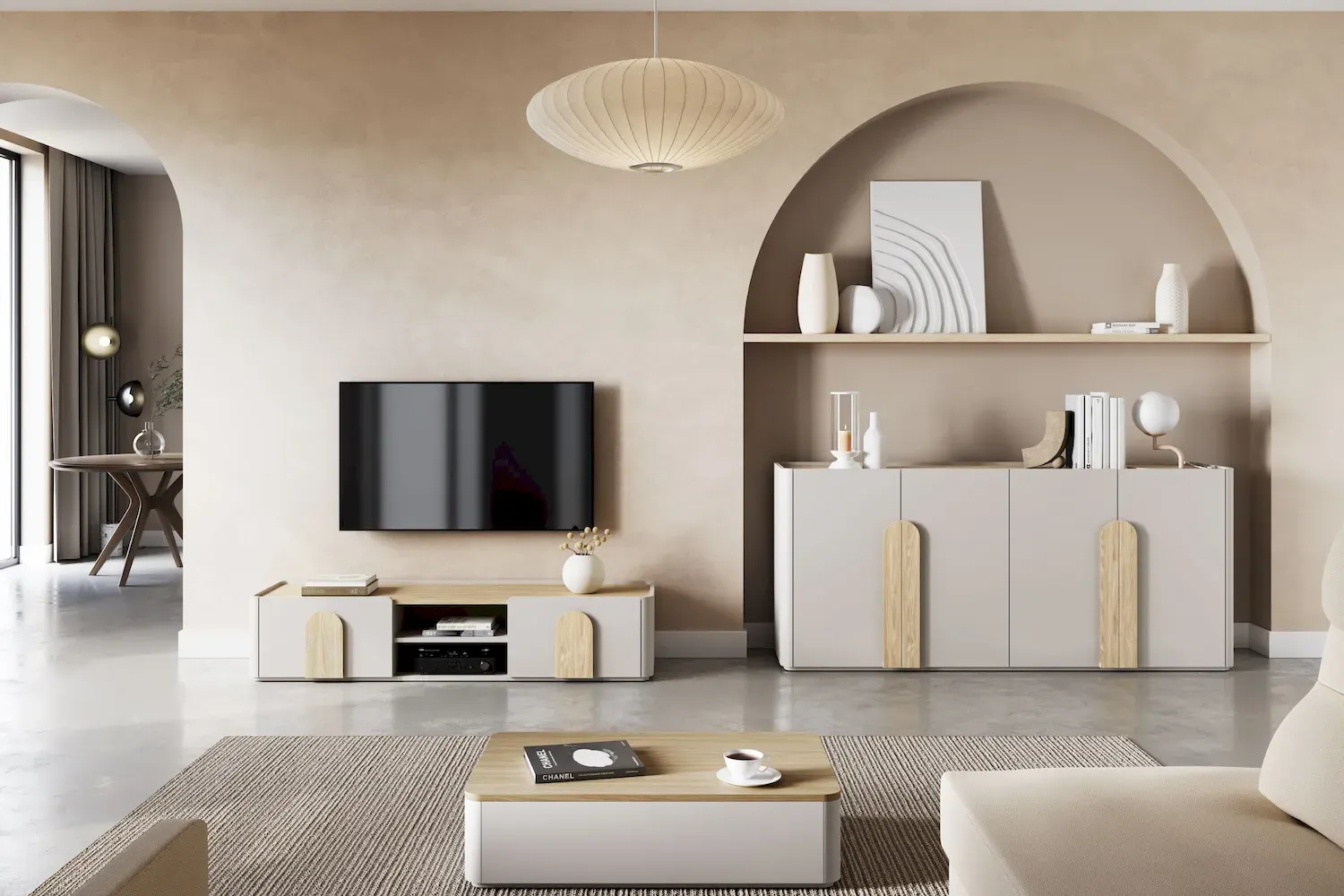 Szafka RTV z klapą i szufladą AMILIO 170 - cashmere dąb olejowany uchwyty dąb jasny - B_169222