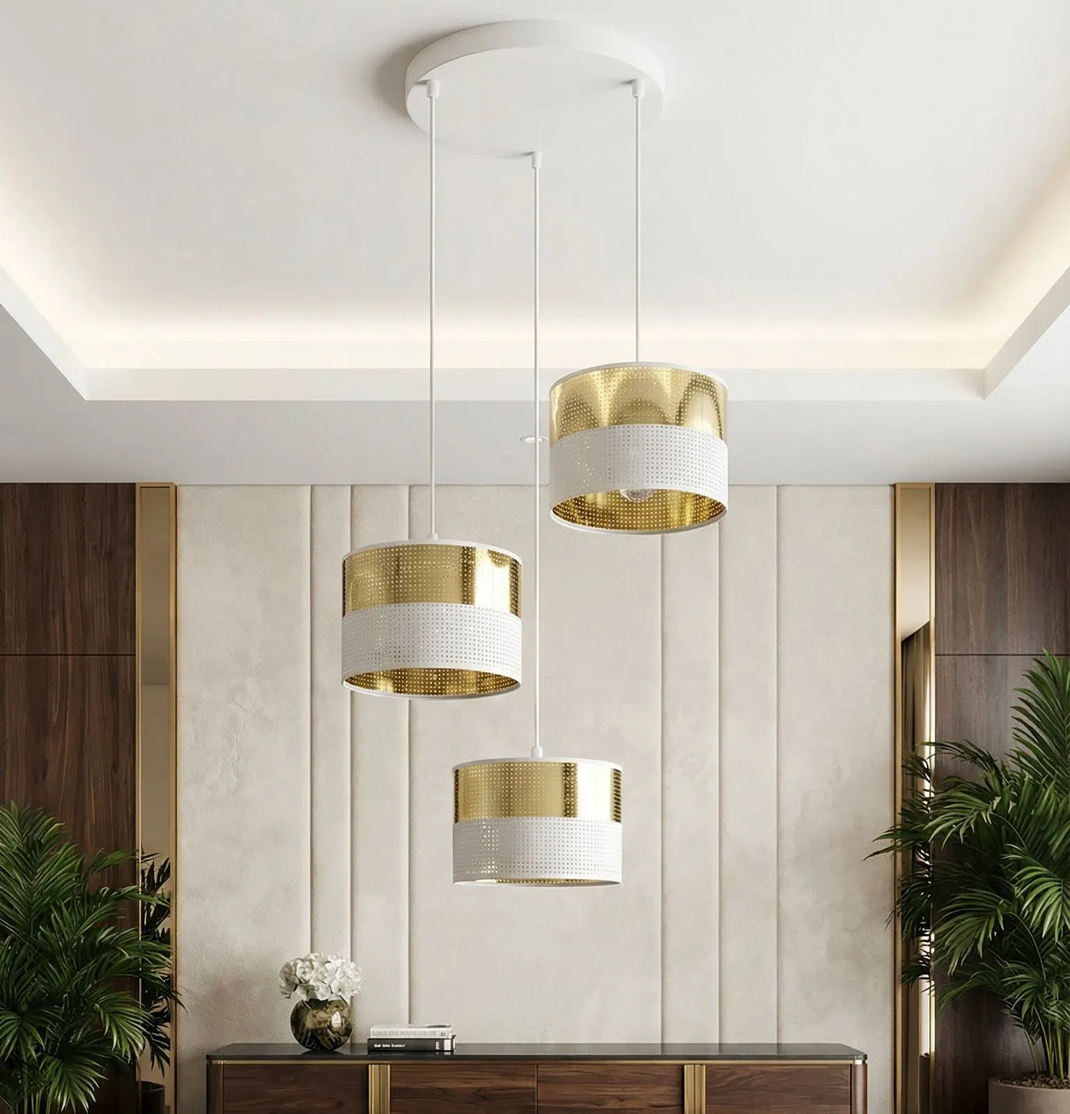 Lampa wisząca LUX 3 WH GOLD PREMIUM z abażurem biała złota - 1650/3PREM