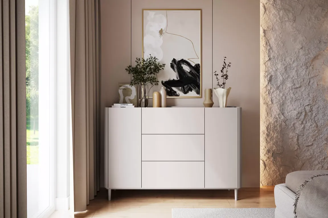 Komoda 2-drzwiowa z 3 szufladami ELIVO 150cm drewniane nóżki cashmere dąb olejowany — zdjęcie 6