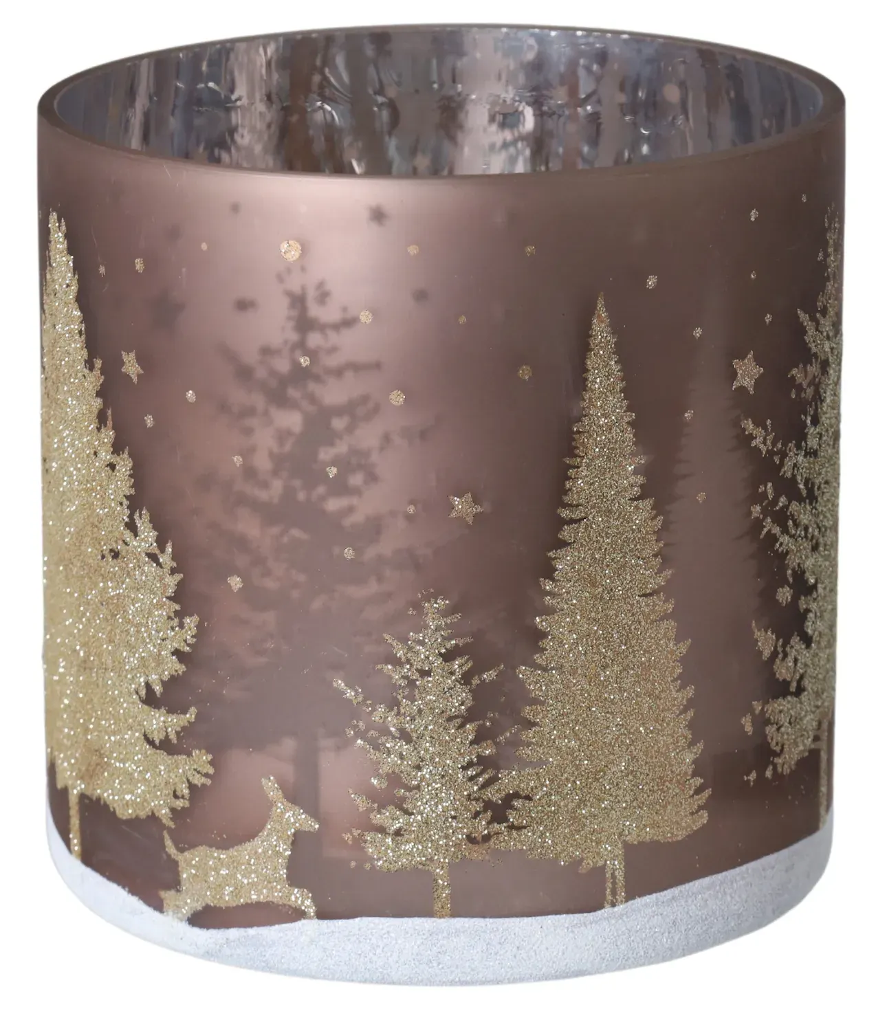 ŚWIECZNIK szklany Z CHOINKAMI duży 5273 brązowo-złoty