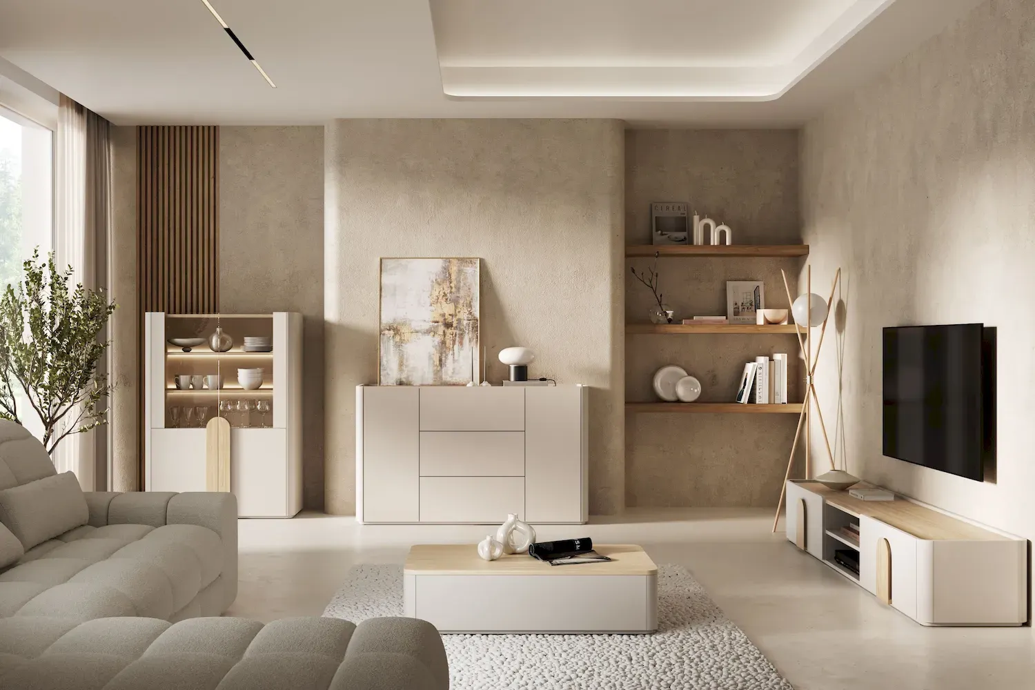 Witryna 2-drzwiowa AMILIO 100 oświetlenie LED - cashmere dąb olejowany uchwyty dąb jasny - B_169210