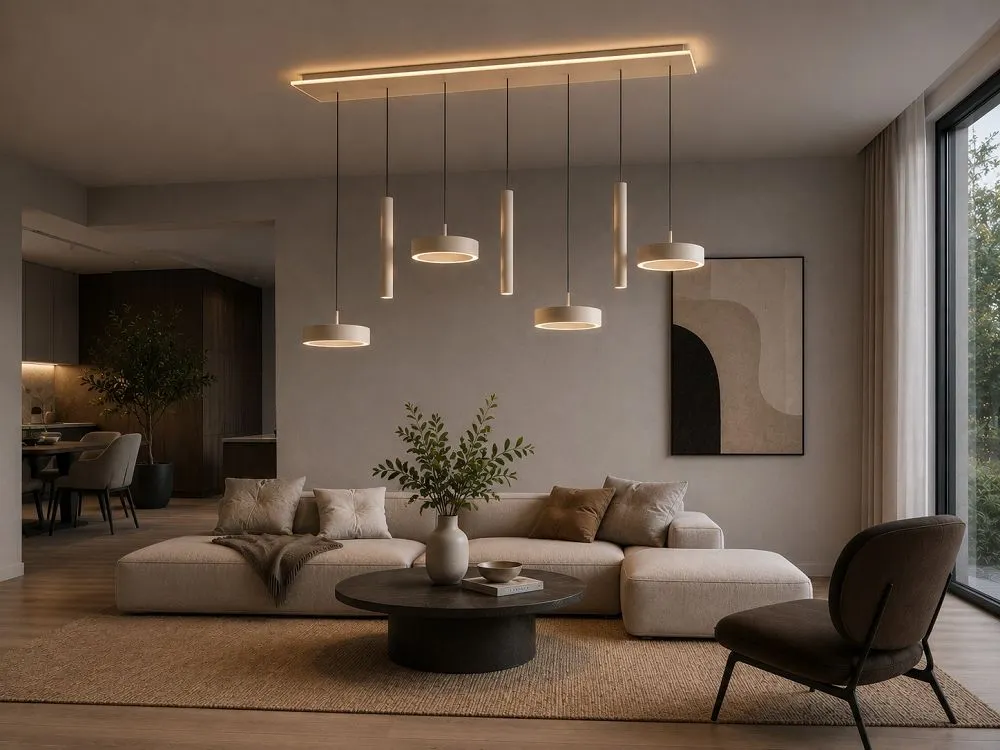 pokój dzienny, sofa modułowa, oświetlenie wiszące, dywan z juty, stolik kawowy