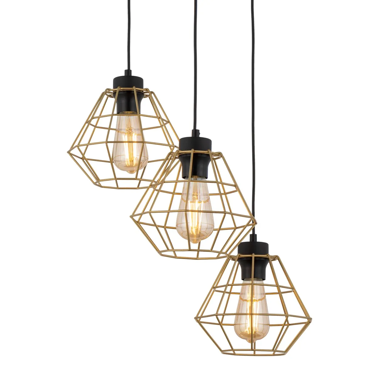 Lampa wisząca DIAMOND czarna ze złotymi ażurowymi kloszami potrójna na okrągłej podstawie 110x47cm - TK_4451