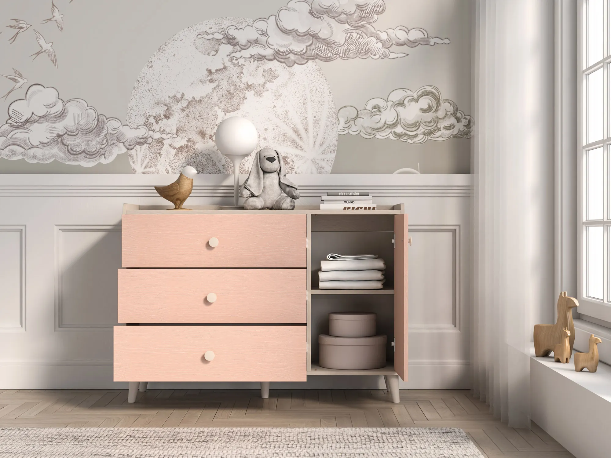 Komoda 1-drzwiowa z 3 szufladami MEVEL 05 piasek pustyni, różowy - 1MEVE05-001