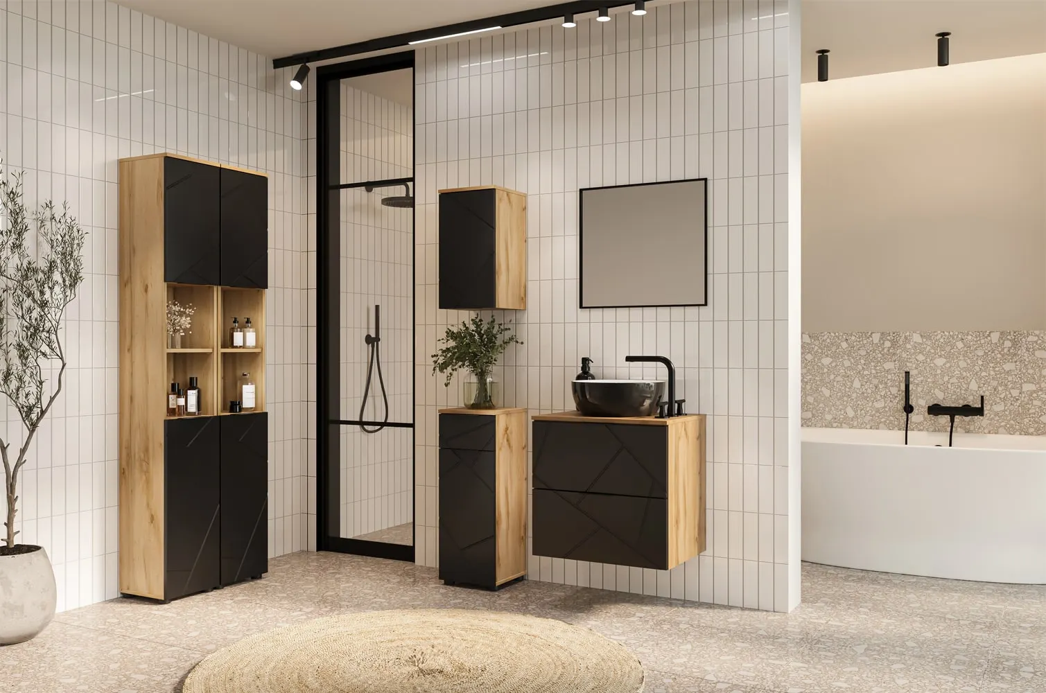 Szafka wisząca z lustrem MAZI 55x80 dąb Wotan/czarny mat - TH-100-1843