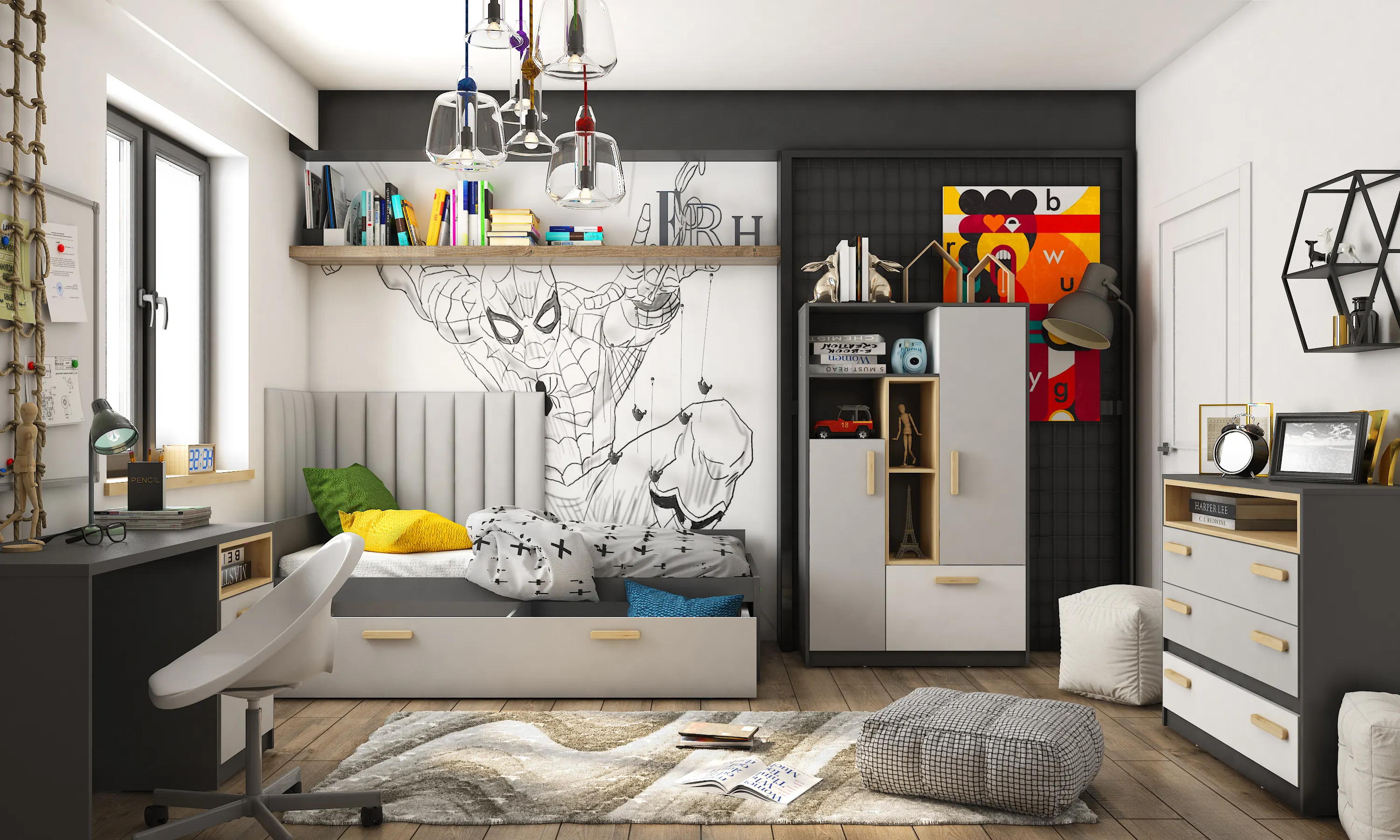 Łóżko z materacem Pok PO-13 grafit/buk ibsen/szary jasny - PO13GBS