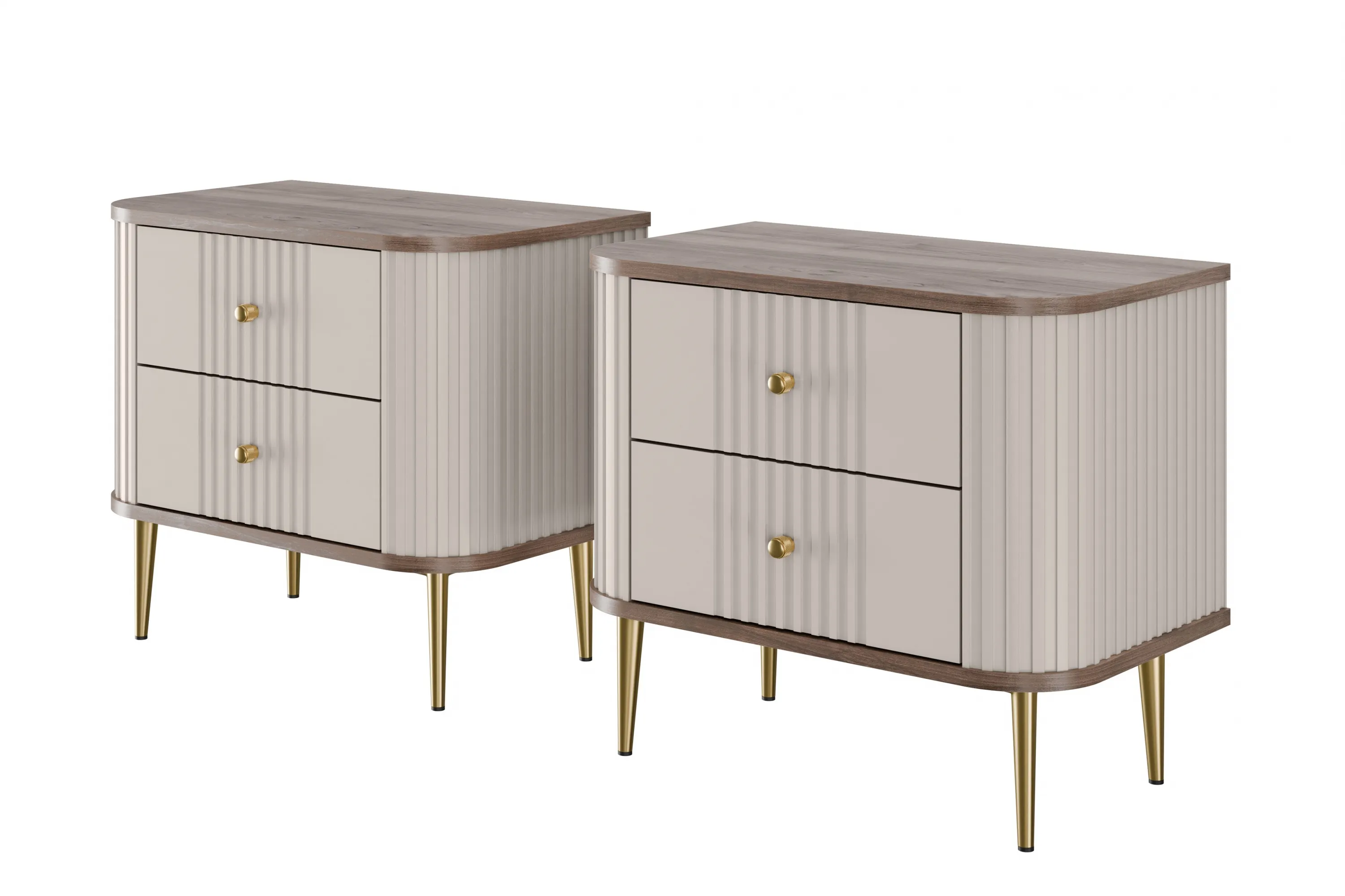 Szafka nocna z 2 szufladami VESPER 56 zestaw 2 sztuk ryflowany front cashmere mdf orzech złote nogi Meble, Kredens, Szafka, Szuflada