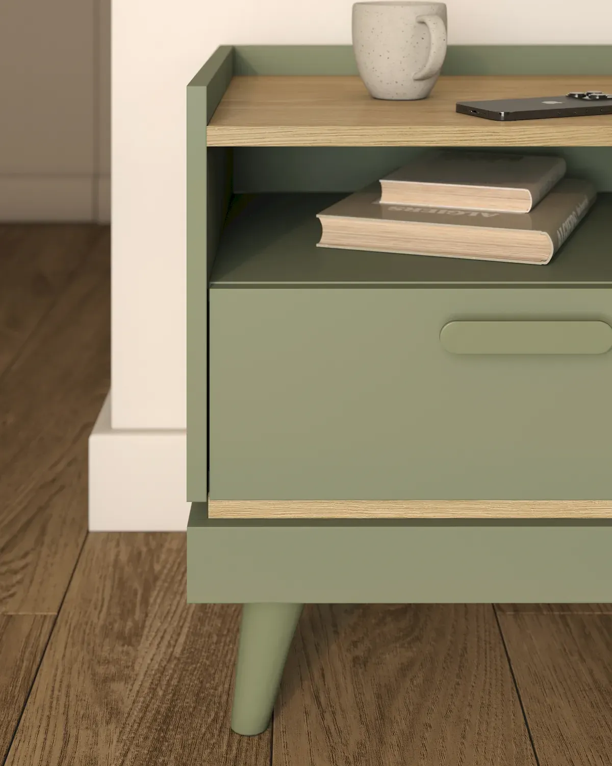 Szafka nocna z 1 szufladą SCAND 22 zielony-dąb olejowany - 24GDOH22