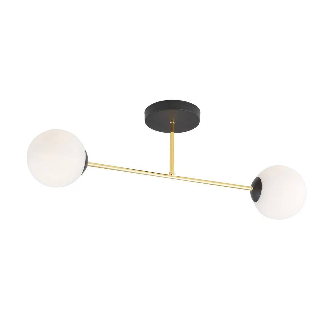lampa sufitowa, zwis, globka szkło, metalowy złoty trzon, podwójna żarówka