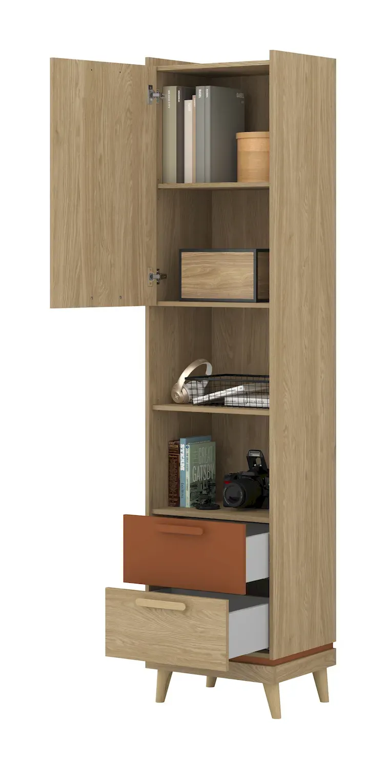 Regał 1-drzwiowy z 2 szufladami SCANDI 88 dąb olejowany ceglany - 24D5OH88