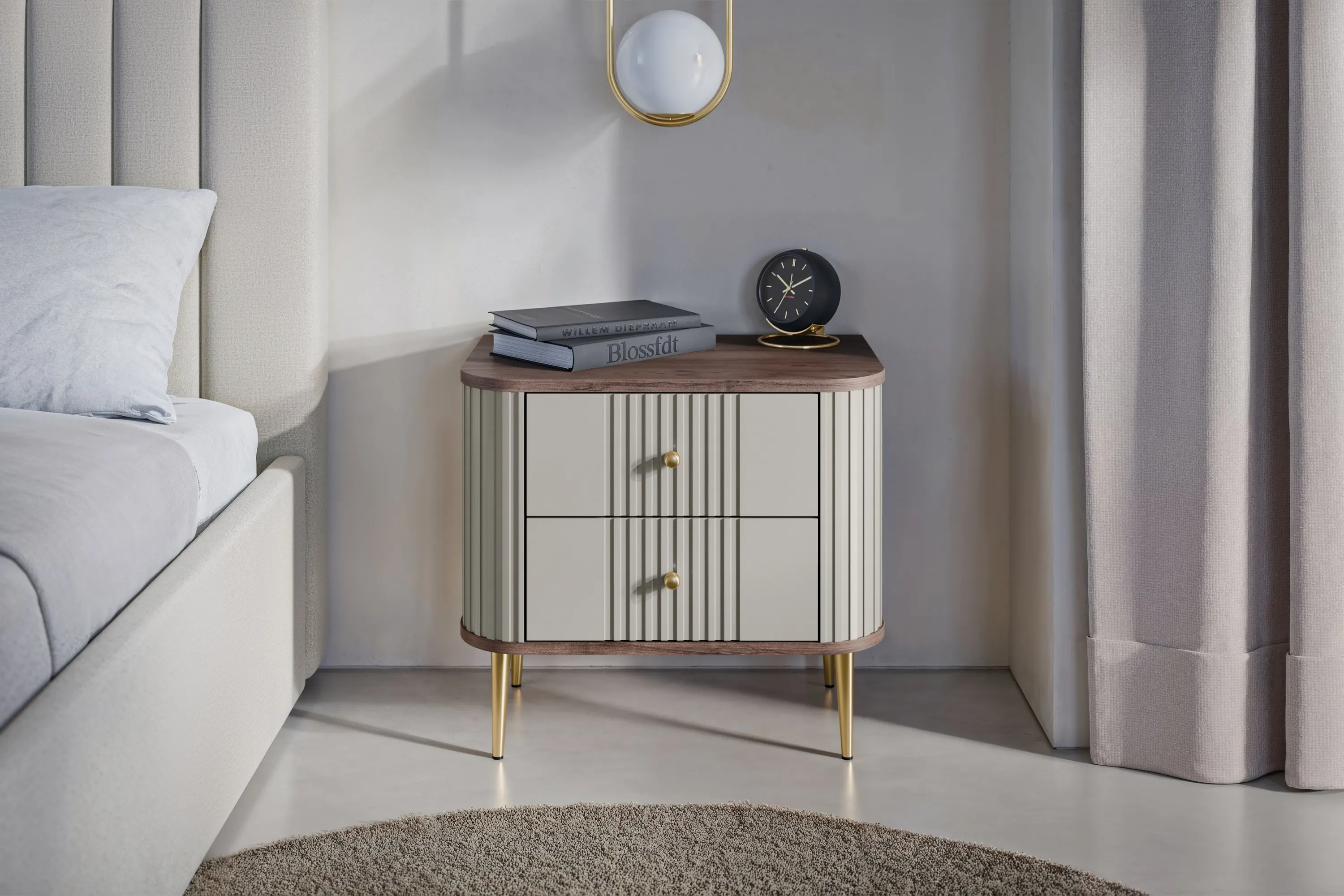 Szafka nocna z 2 szufladami VESPER 56 zestaw 2 sztuk ryflowany front cashmere mdf orzech złote nogi - B_163836