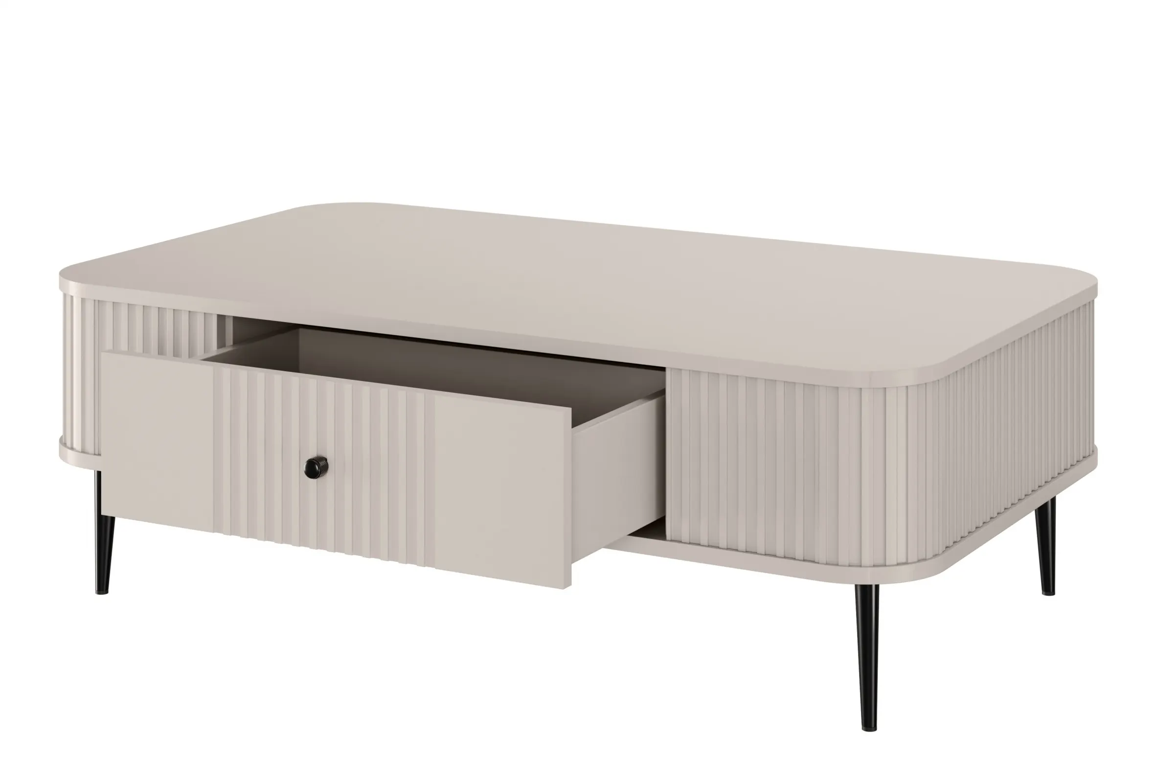 Stolik kawowy z szufladą VESPER 103 ryflowany front cashmere czarne nogi - B_163800