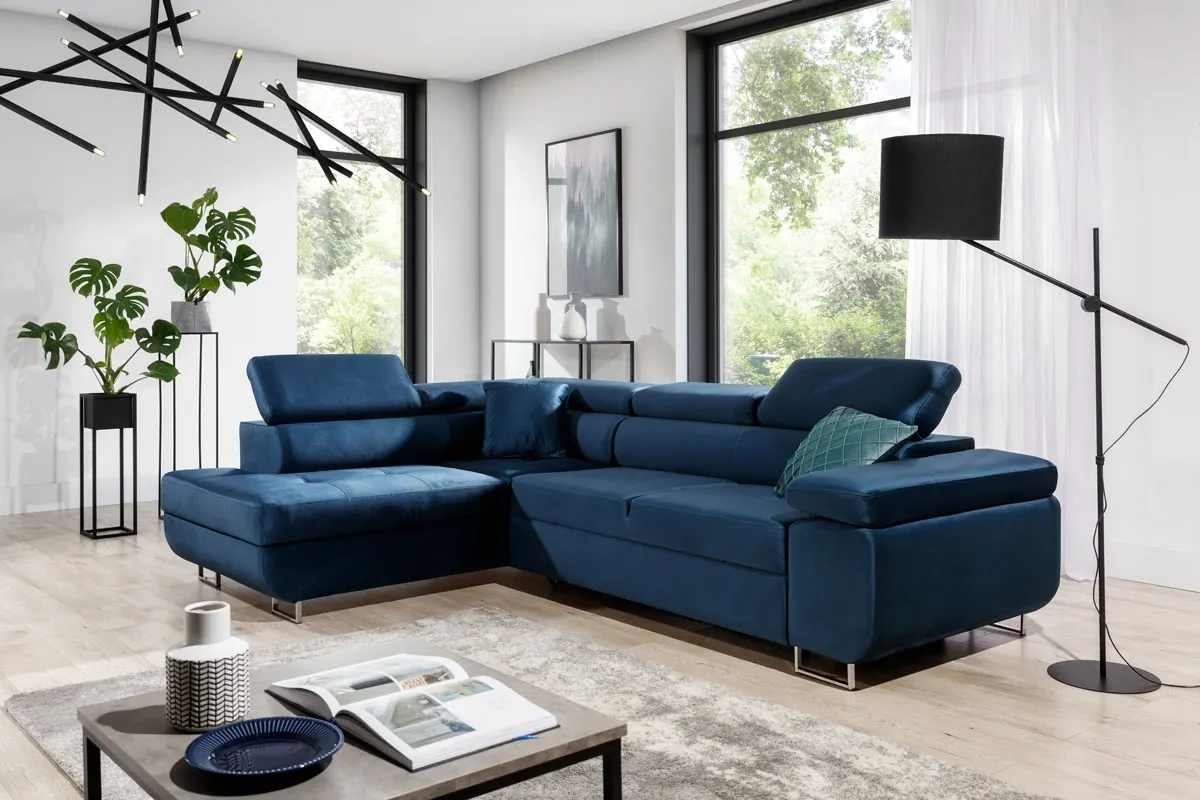 Narożnik lewostronny ANNABELLE L regulowane zagłówki srebrne nogi Monolith 77 granatowy - B_165781