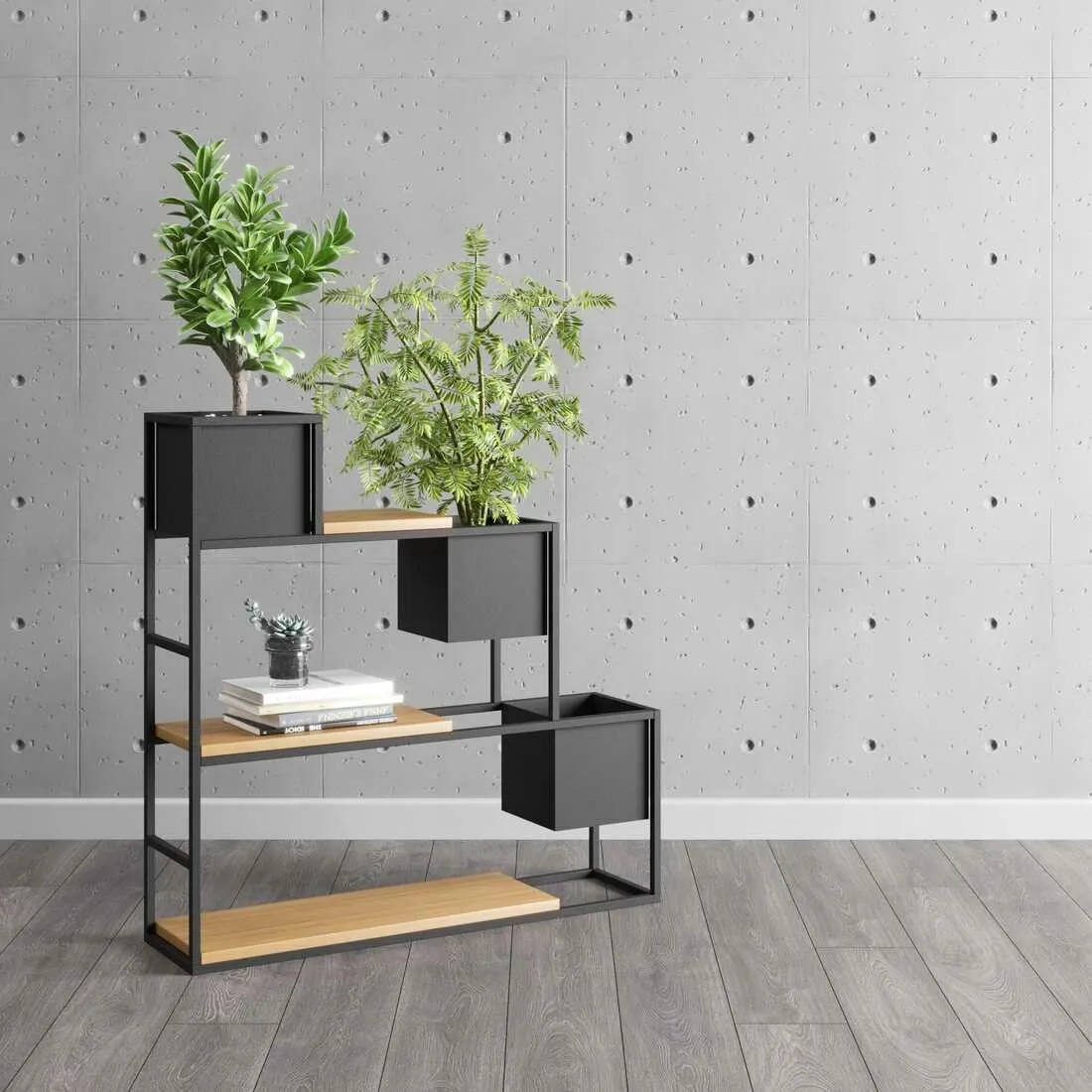 Kwietnik z regałem LYON S 90x23x90 metal drewno czarny naturalny - LD_TZ000051