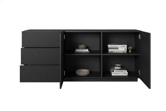 Komoda ASHA 167 z szufladami - czarny mat - ryflowany front - cokół - B_57064