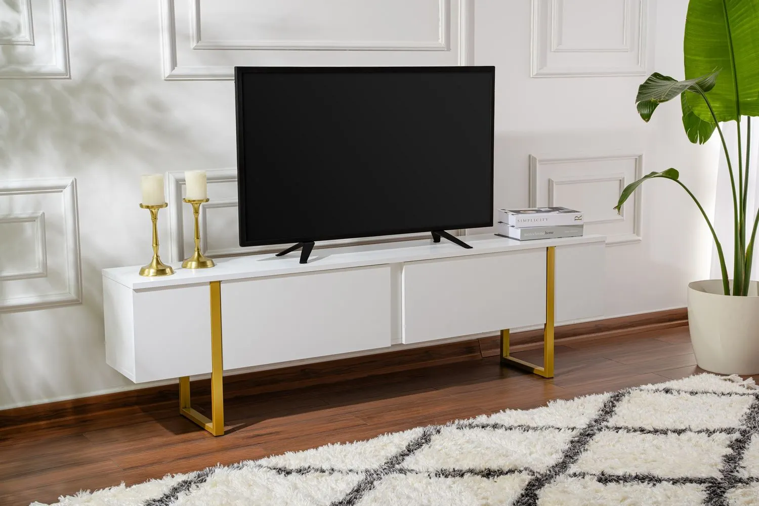 Szafka RTV 2-drzwiowa SERENITY 180 cm biała złoty stelaż — zdjęcie 6