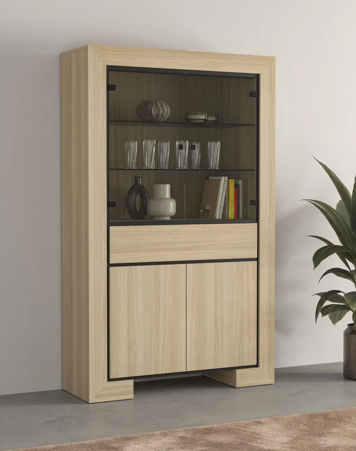 Witryna 4-drzwiowa z szufladą szklana CUBA II 113x185 dąb samdal - 24DEOC13