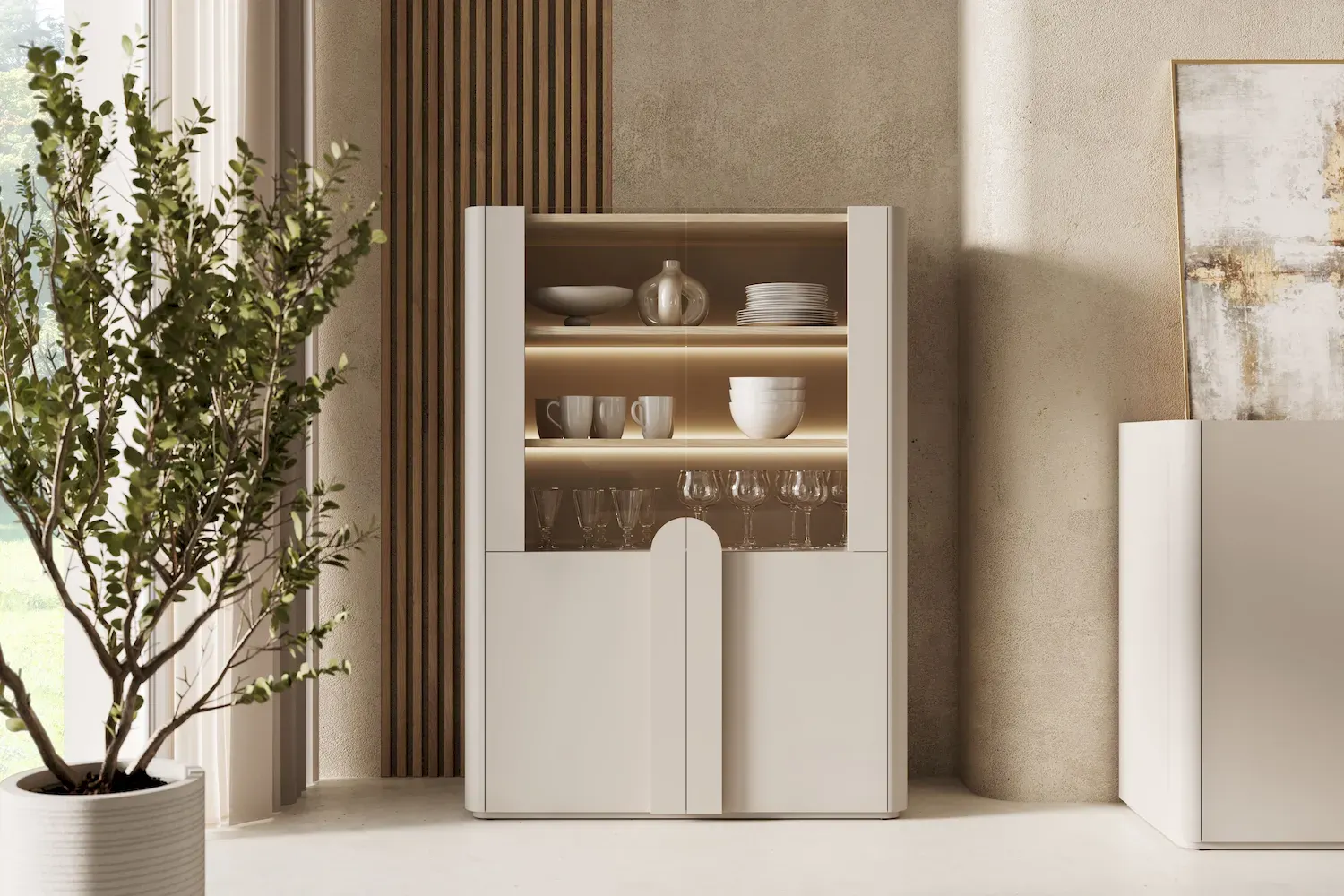 Witryna 2-drzwiowa AMILIO 100 oświetlenie LED - cashmere dąb olejowany uchwyty cashmere - B_167060