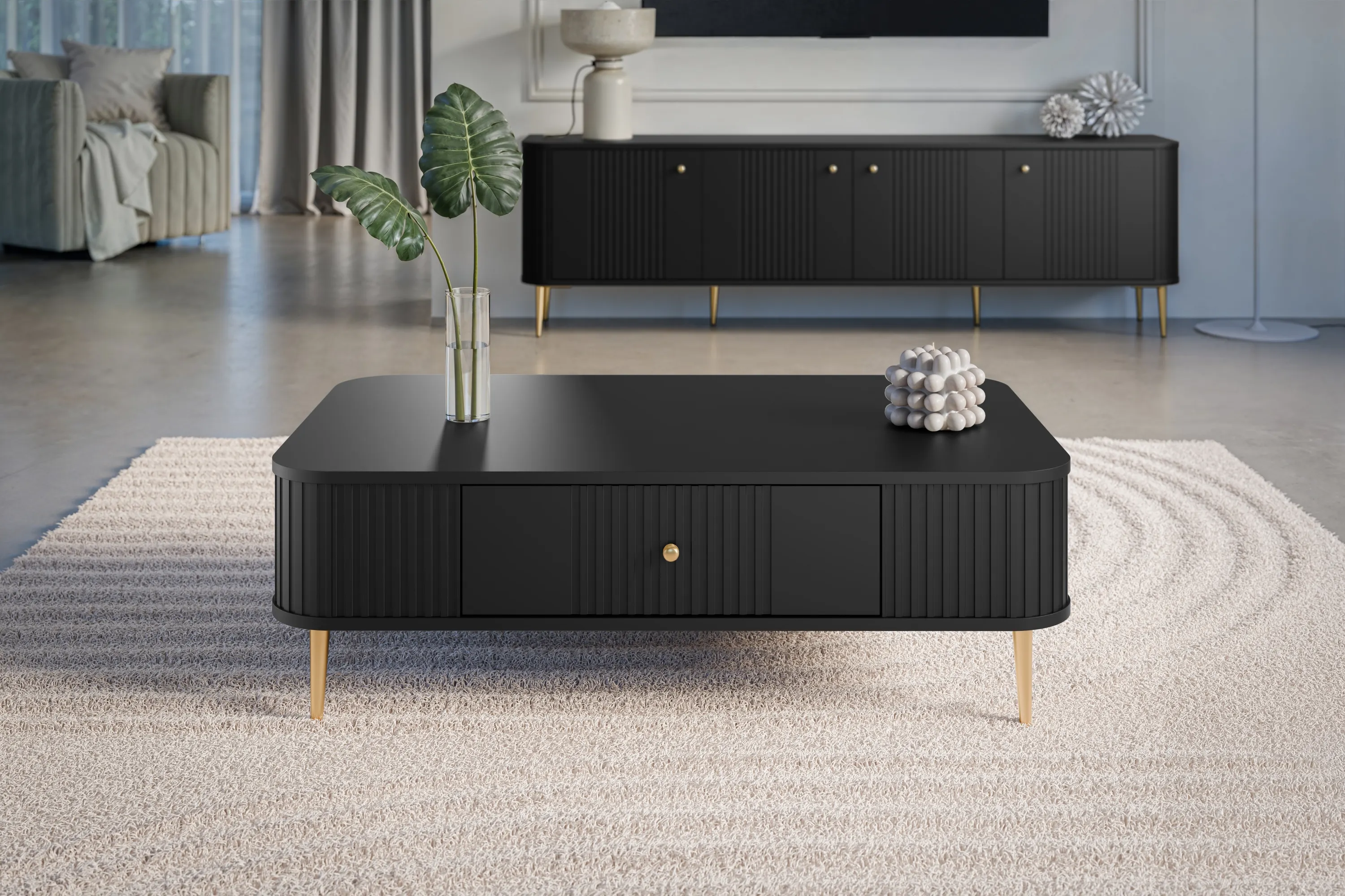 Stolik kawowy z szufladą VESPER 103 ryflowany front czarny złote nogi - B_163816