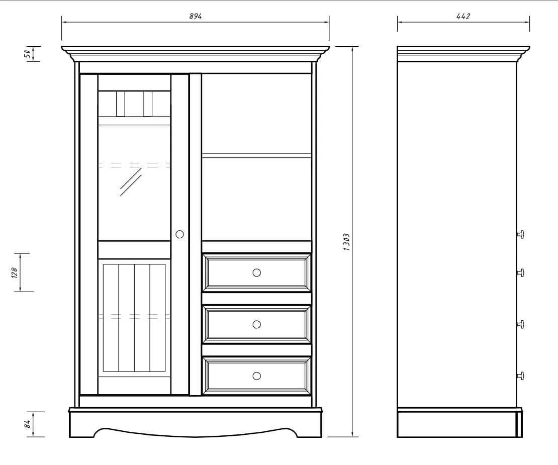 Witryna niska BELLUNO ELEGANTE 1-drzwiowa z 3 szufladami - biały, złocisty - PL017B/D