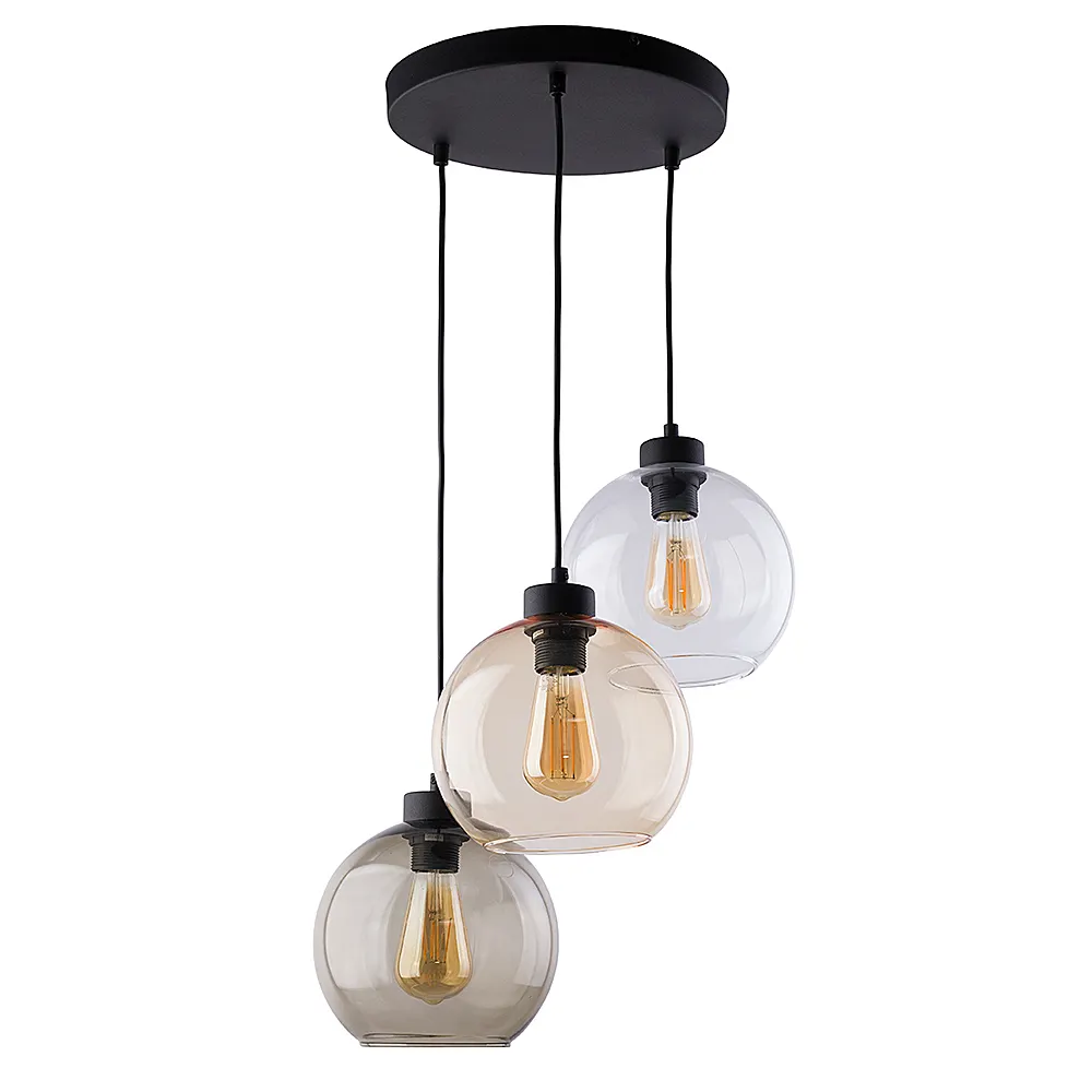 Lampa wisząca CUBUS czarna z trzema różnokolorowymi transparentnym bursztynowym i szarym kloszami 110x35cm