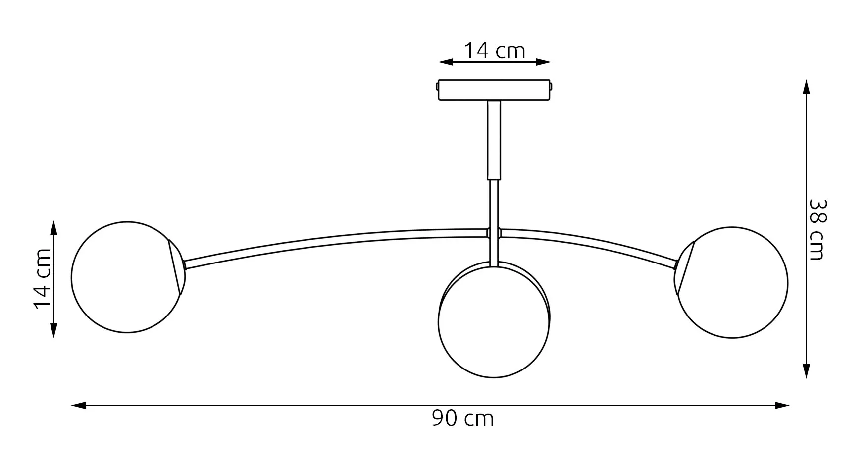 kinkiet, lampa wisząca, 3 kuliste plafony, metalowy stelaż, projekt sufitowy