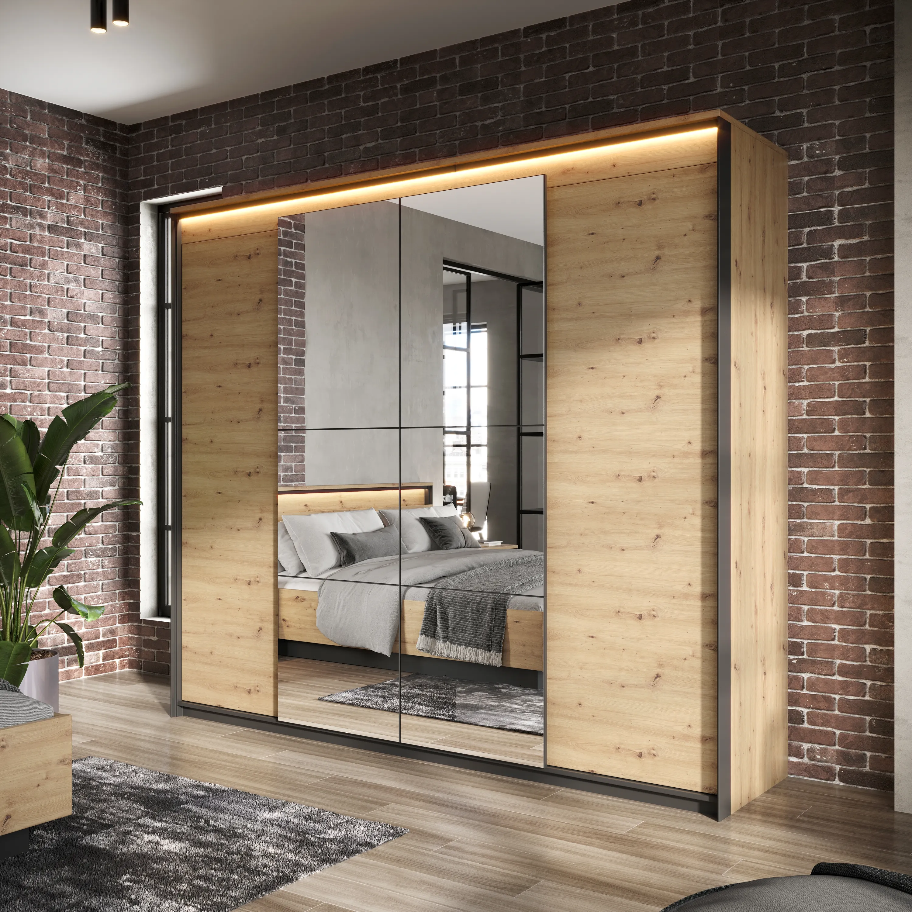 Szafa 4-drzwiowa z lustrem LED Quant QS-05 250cm dąb artisan/czarny - QS5DAC