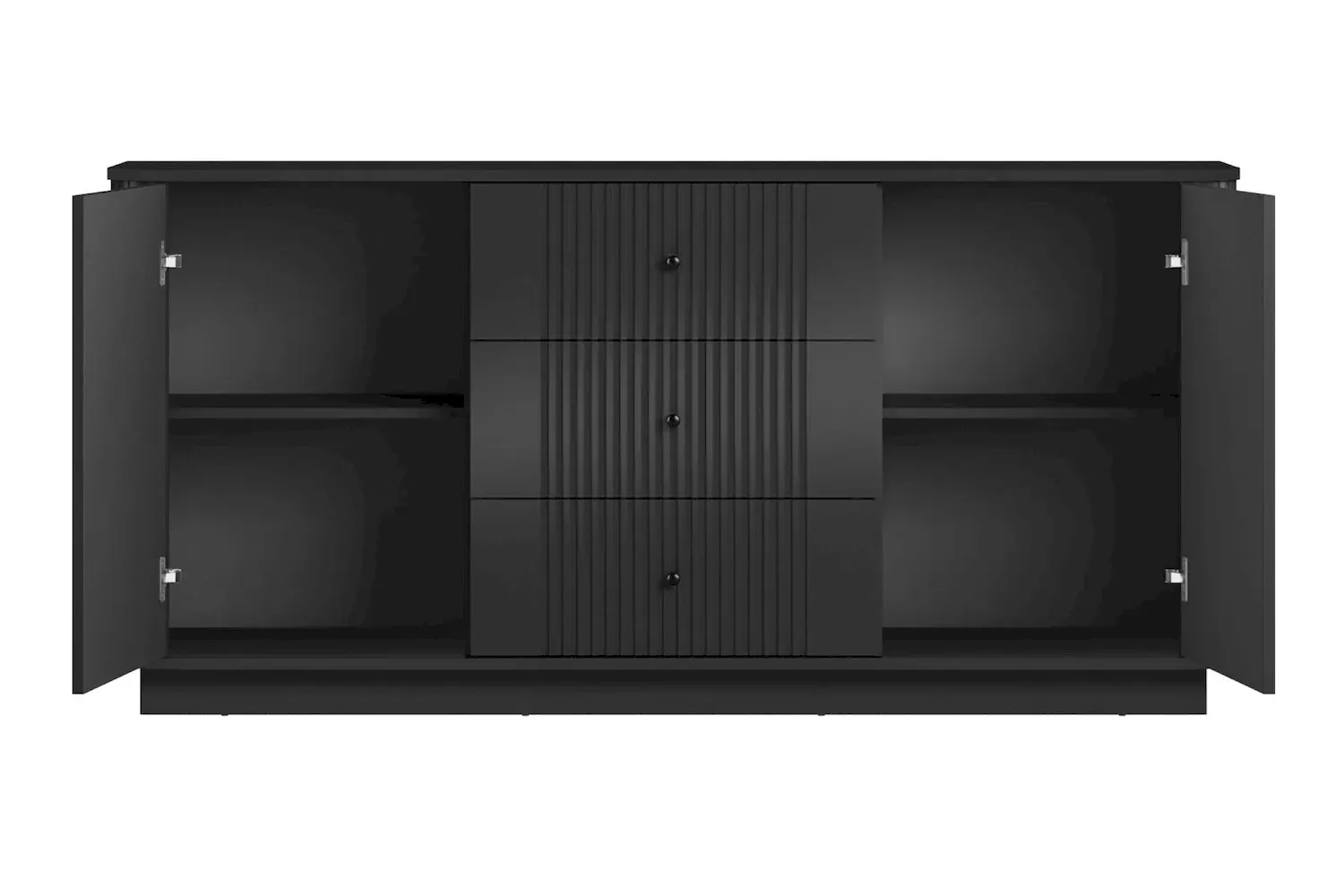 Komoda 2-drzwiowa z 3 szufladami VESPER 160 ryflowany front - czarny czarne uchwyty cokół - B_169444