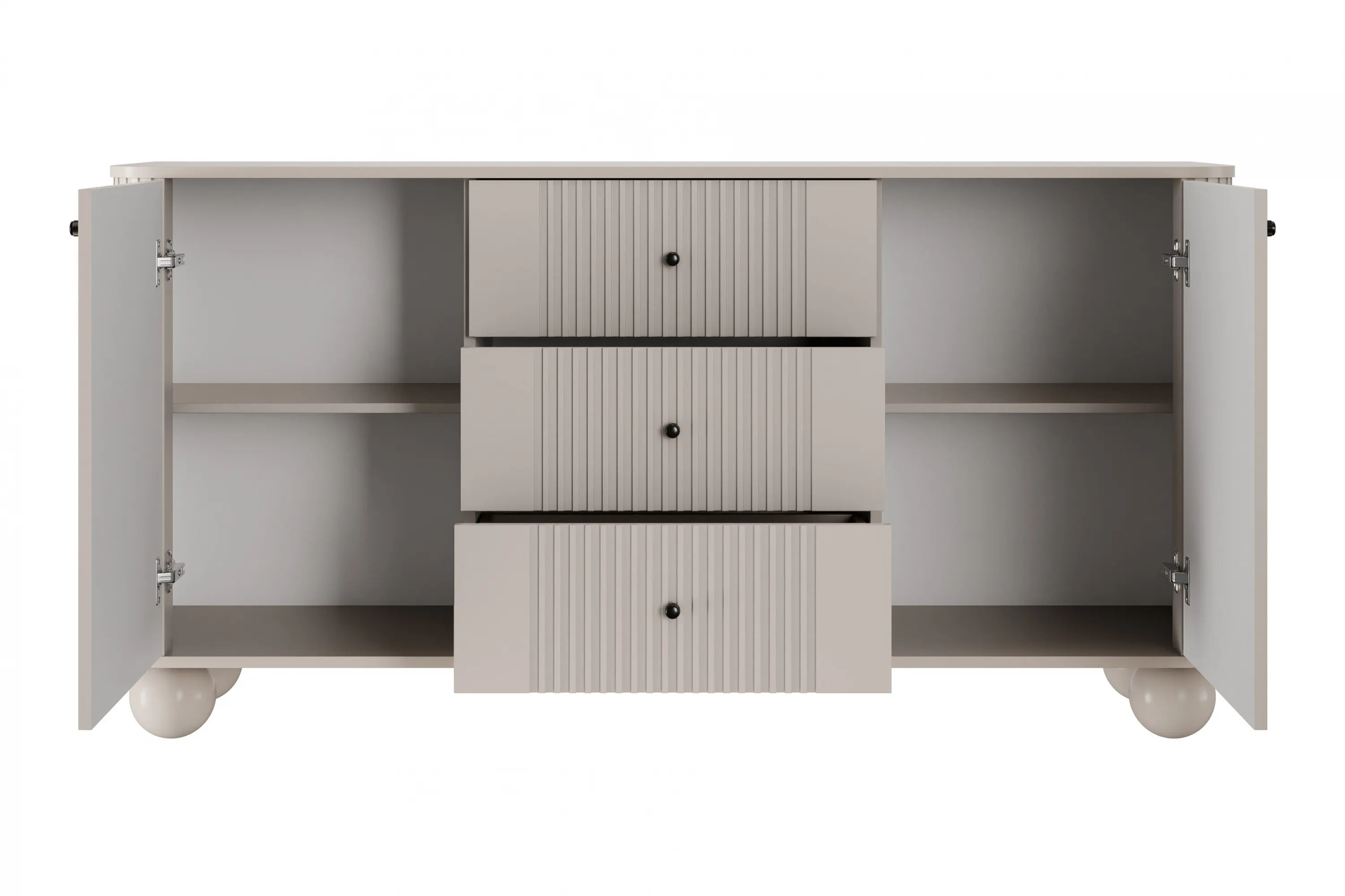 Komoda 2-drzwiowa z 3 szufladami VESPER 160 ryflowany front cashmere czarne uchwyty nogi kule - B_163602