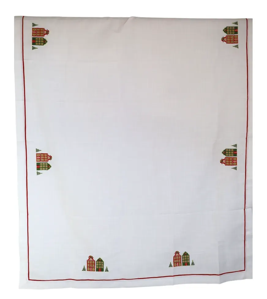 Obrus świąteczny w domki 140x220 biały
