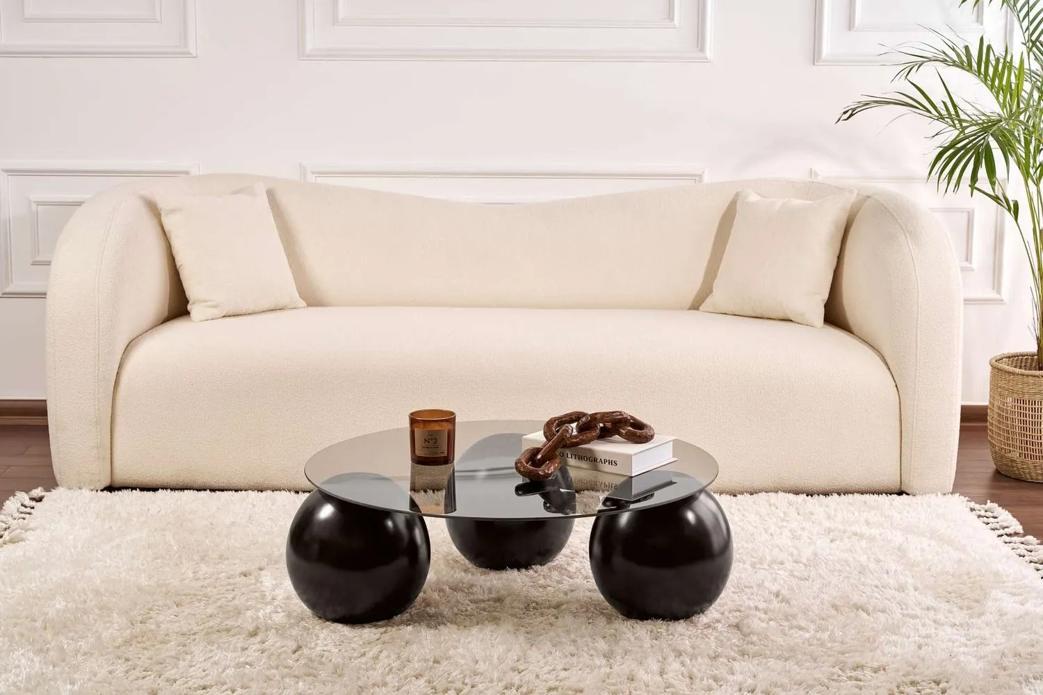 Stolik kawowy szklany okrągły MIRO 85 cm kuliste czarne nogi blat szary - ASI_857NRD1120