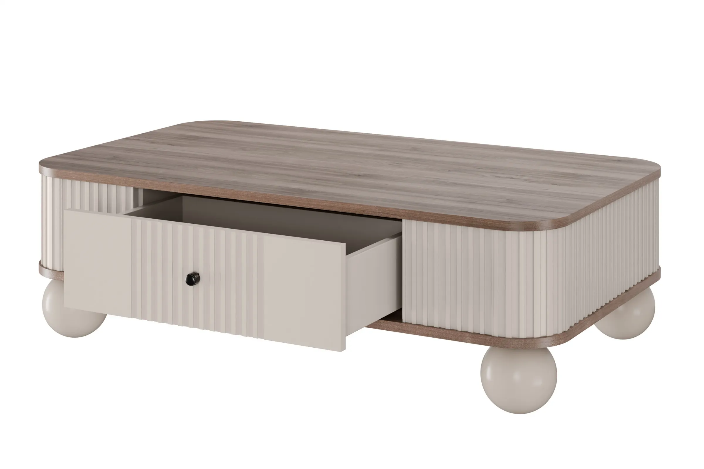 Stolik kawowy z szufladą VESPER 103 ryflowany front cashmere orzech czarne uchwyty nogi kule - B_163812