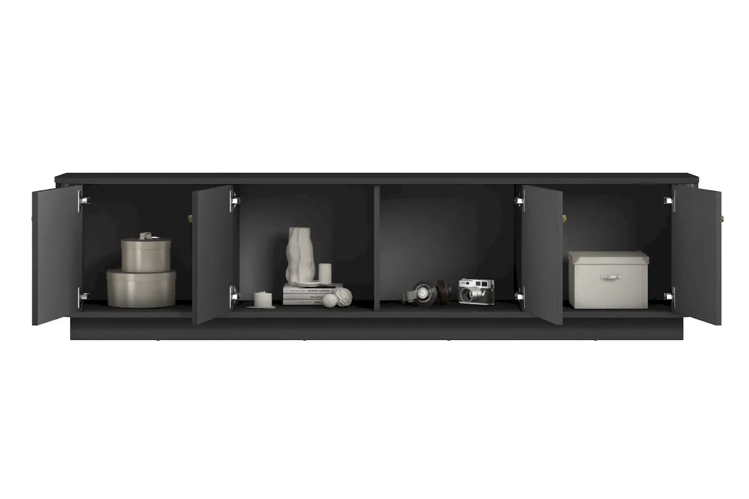 Szafka RTV 4-drzwiowa VESPER ryflowany front - czarny złote uchwyty cokół - B_169457