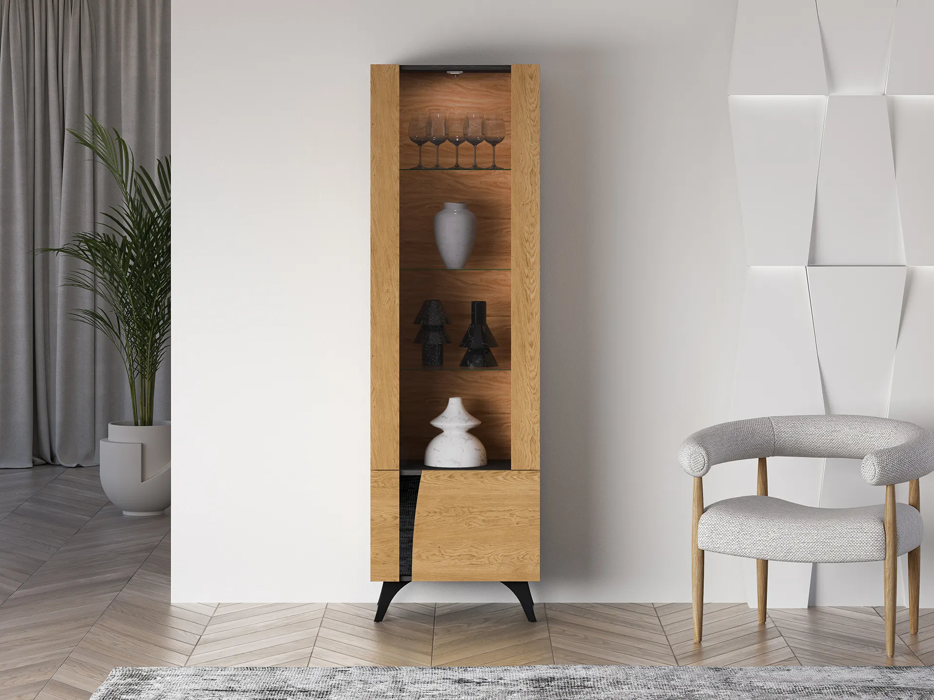 Witryna 1-drzwiowa TOSCANIA 02 prawa dąb baltic dune jesion prestige czarny - 1TOSC02P-001