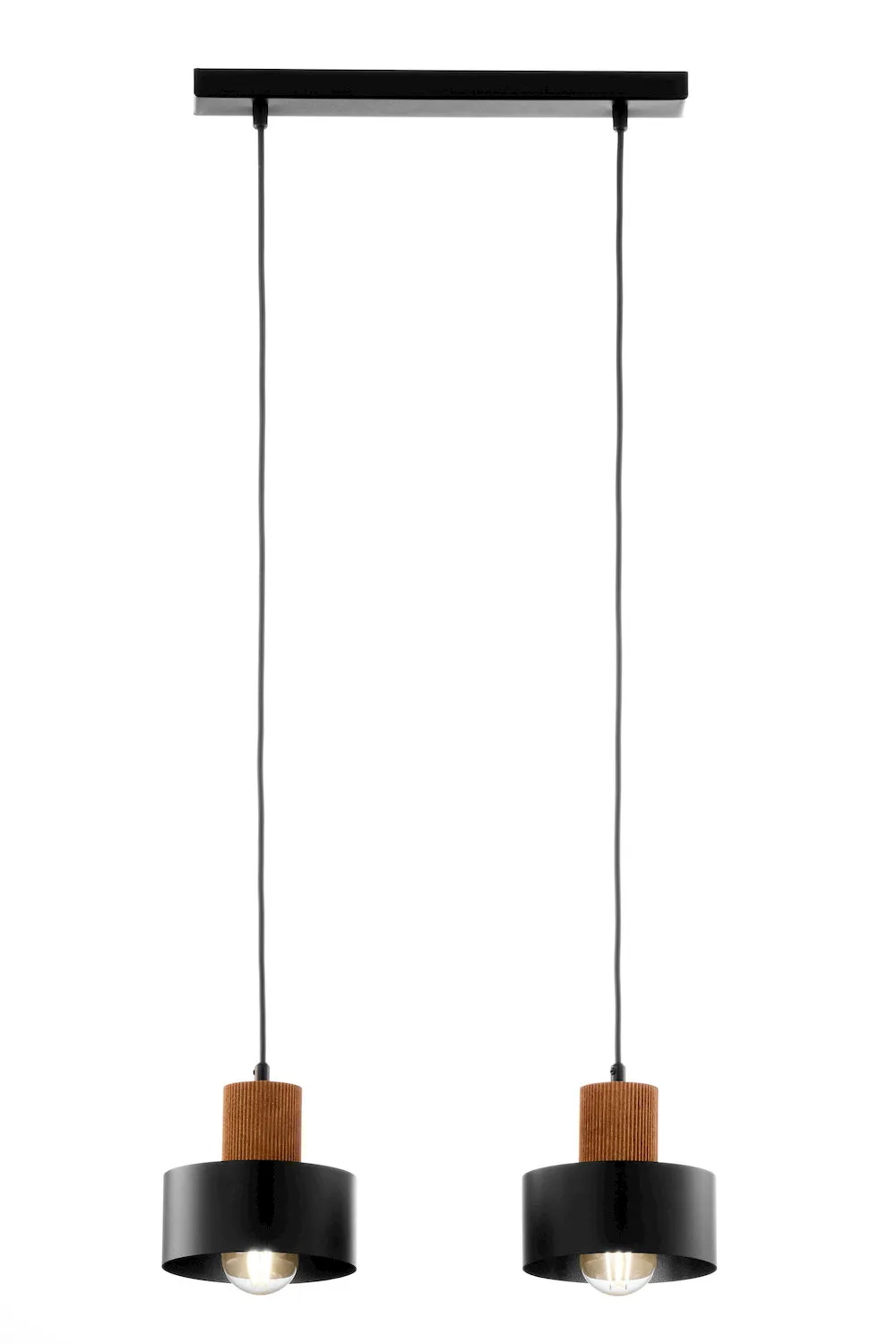 image lampa wisząca, podwójna lampa, czarna lampa, konstrukcja metalowa, drewniana oprawa