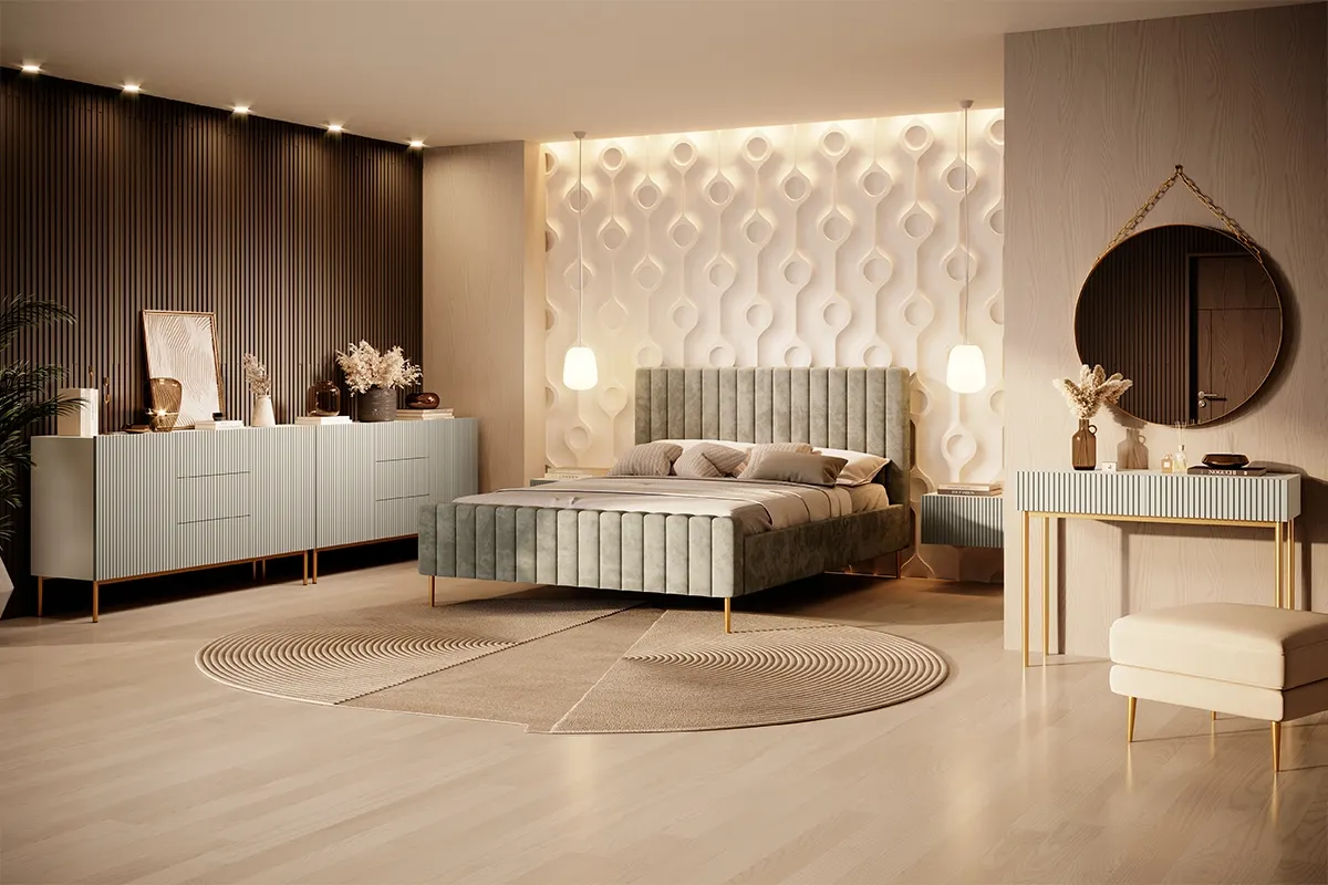 Komoda z 3 szufladami NICOLE 150 - kremowa - złoty stelaż - B_57109