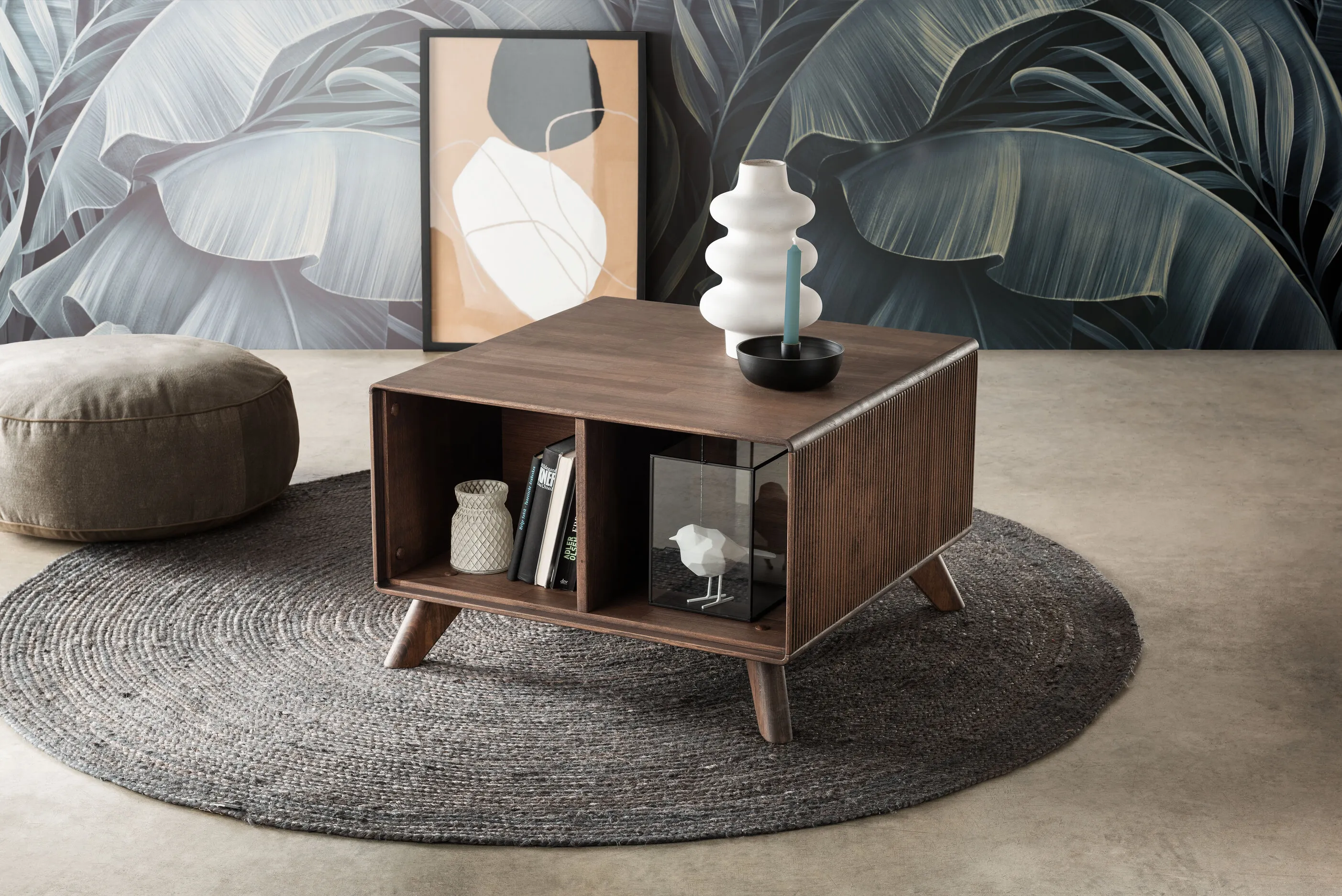 Stolik drewniany ryflowany BLISS 70x70 z półką - GK_103624120102