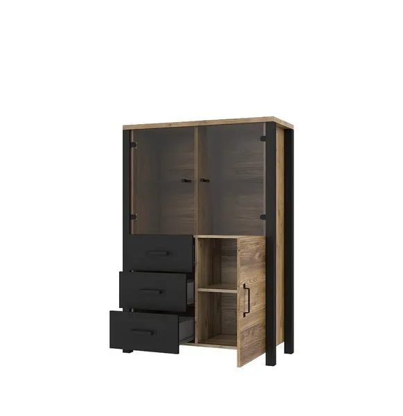 Witryna szklana z szufladami OLIN 44 3-drzwiowa 146x101 czarna appenzeller fichte - 24ABJC44