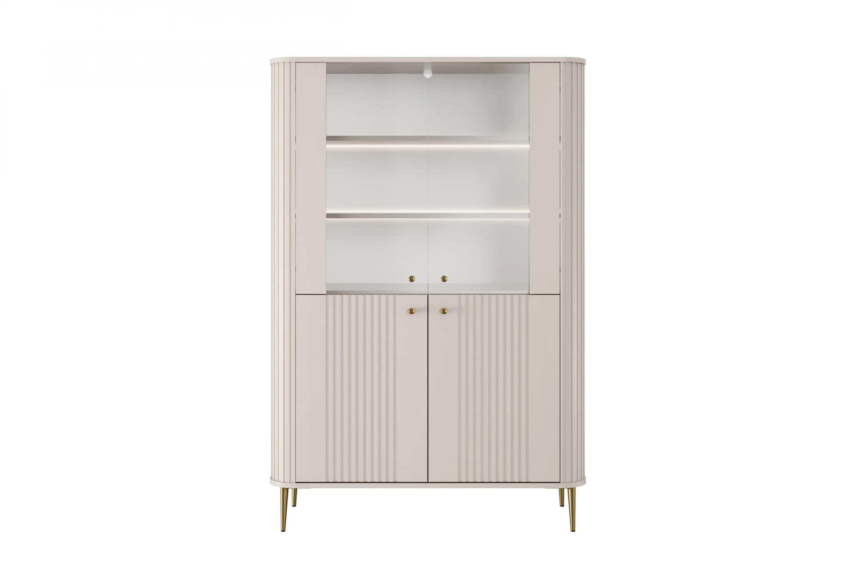 Witryna 4-drzwiowa z oświetleniem VESPER 103 ryflowany front cashmere złote nogi - B_167219