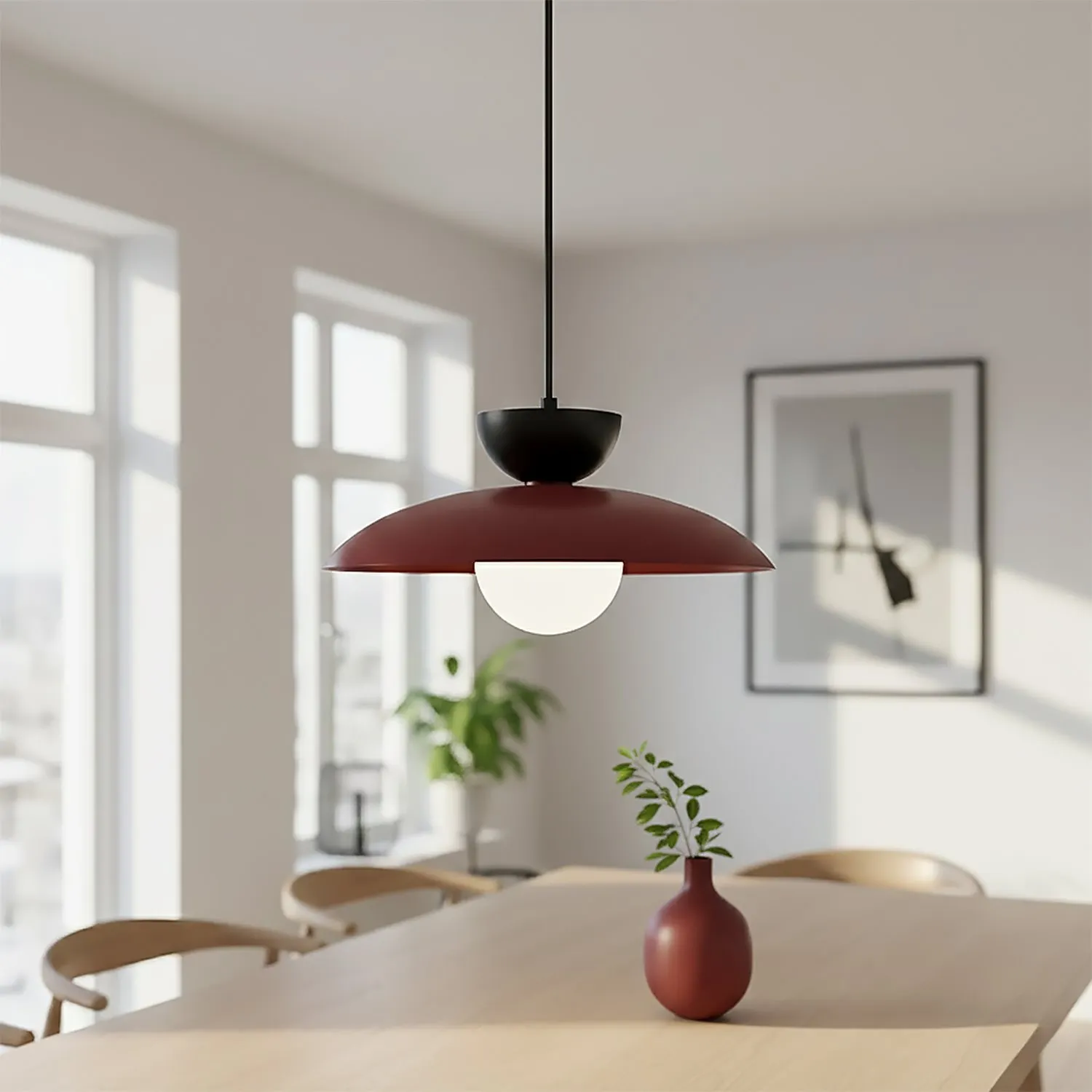 image lampa wisząca, kinkiet, design skandynawski, kolor czerwony, stół i wnętrze