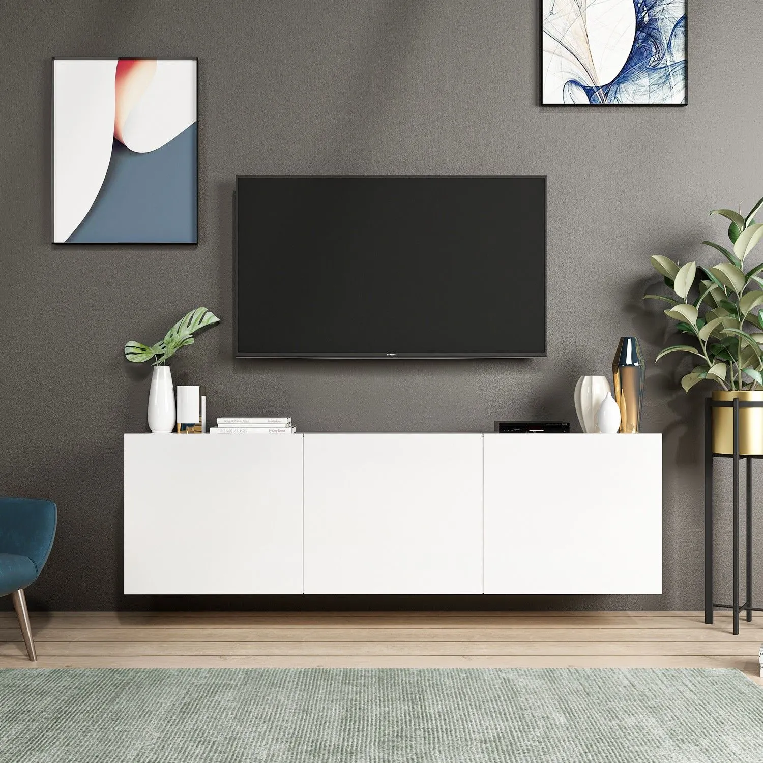 Szafka RTV wisząca 3-drzwiowa WHITE 150 cm biała