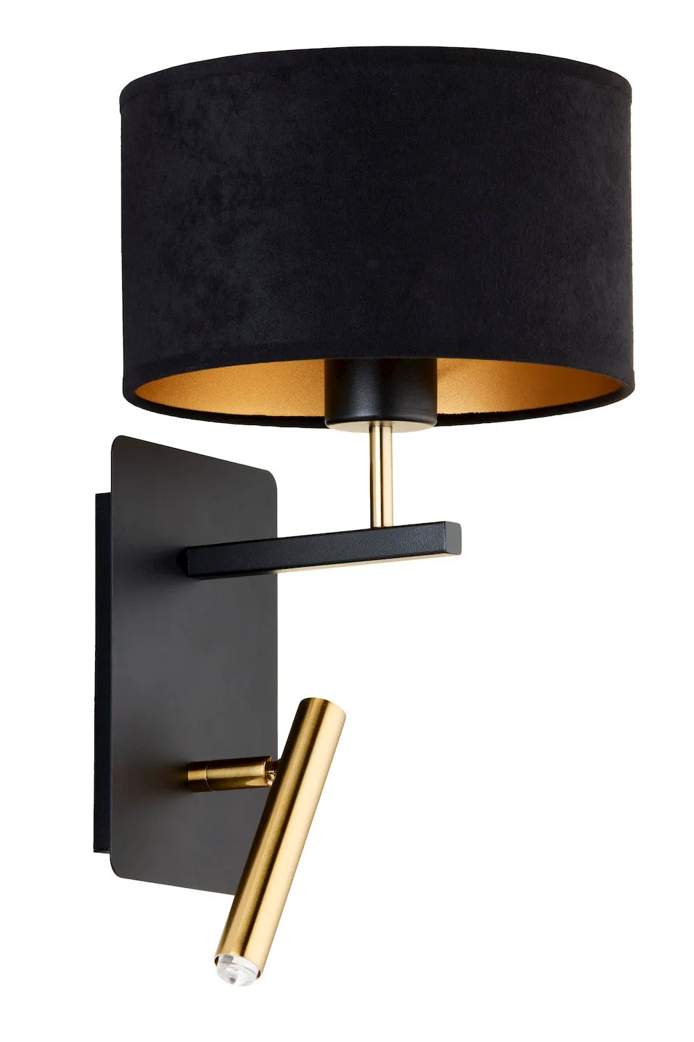 lampa ścienna, czarny abażur, metalowy uchwyt, złoty element, kinkiet