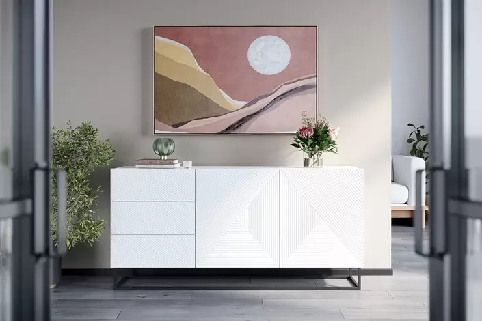 Komoda 2-drzwiowa z 3 szufladami ASHA 167 z szufladami - szara - dąb artisan z czarnym stelażem - ryflowany front — zdjęcie 7